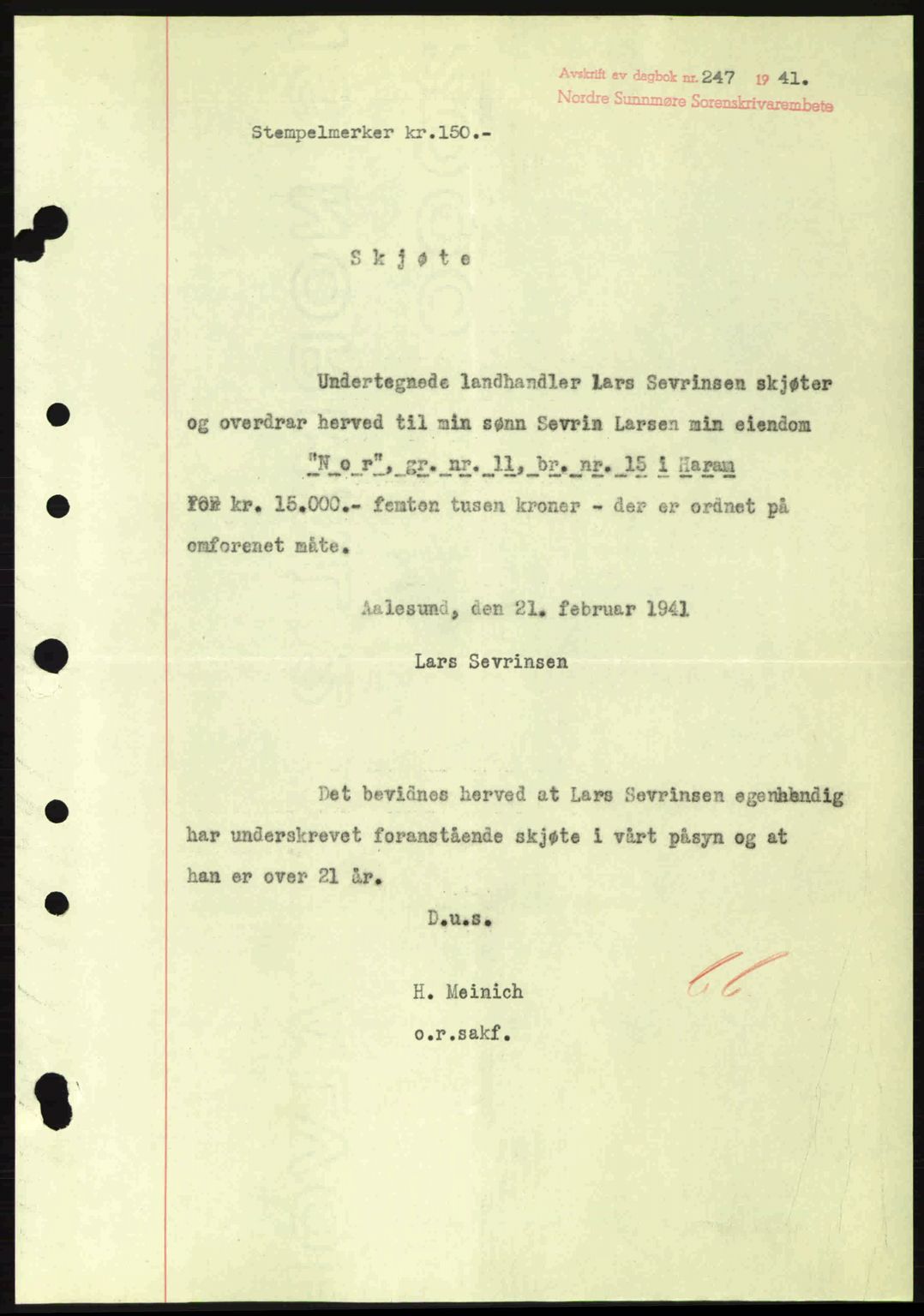 Nordre Sunnmøre sorenskriveri, SAT/A-0006/1/2/2C/2Ca: Pantebok nr. A10, 1940-1941, Dagboknr: 247/1941