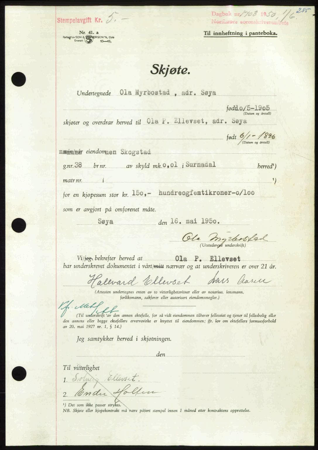 Nordmøre sorenskriveri, SAT/A-4132/1/2/2Ca: Pantebok nr. A115, 1950-1950, Dagboknr: 1703/1950