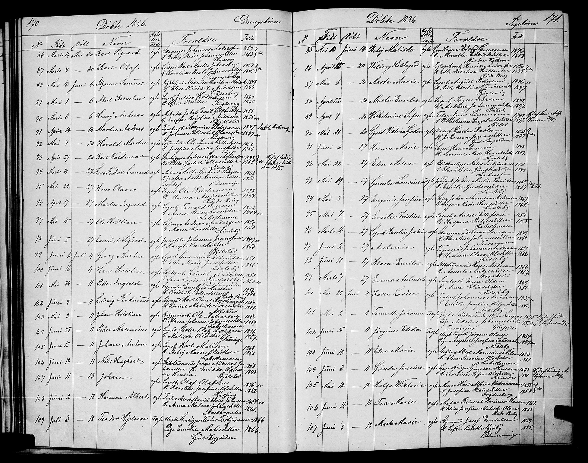 Glemmen prestekontor Kirkebøker, AV/SAO-A-10908/G/Ga/L0005: Klokkerbok nr. 5, 1876-1893, s. 170-171