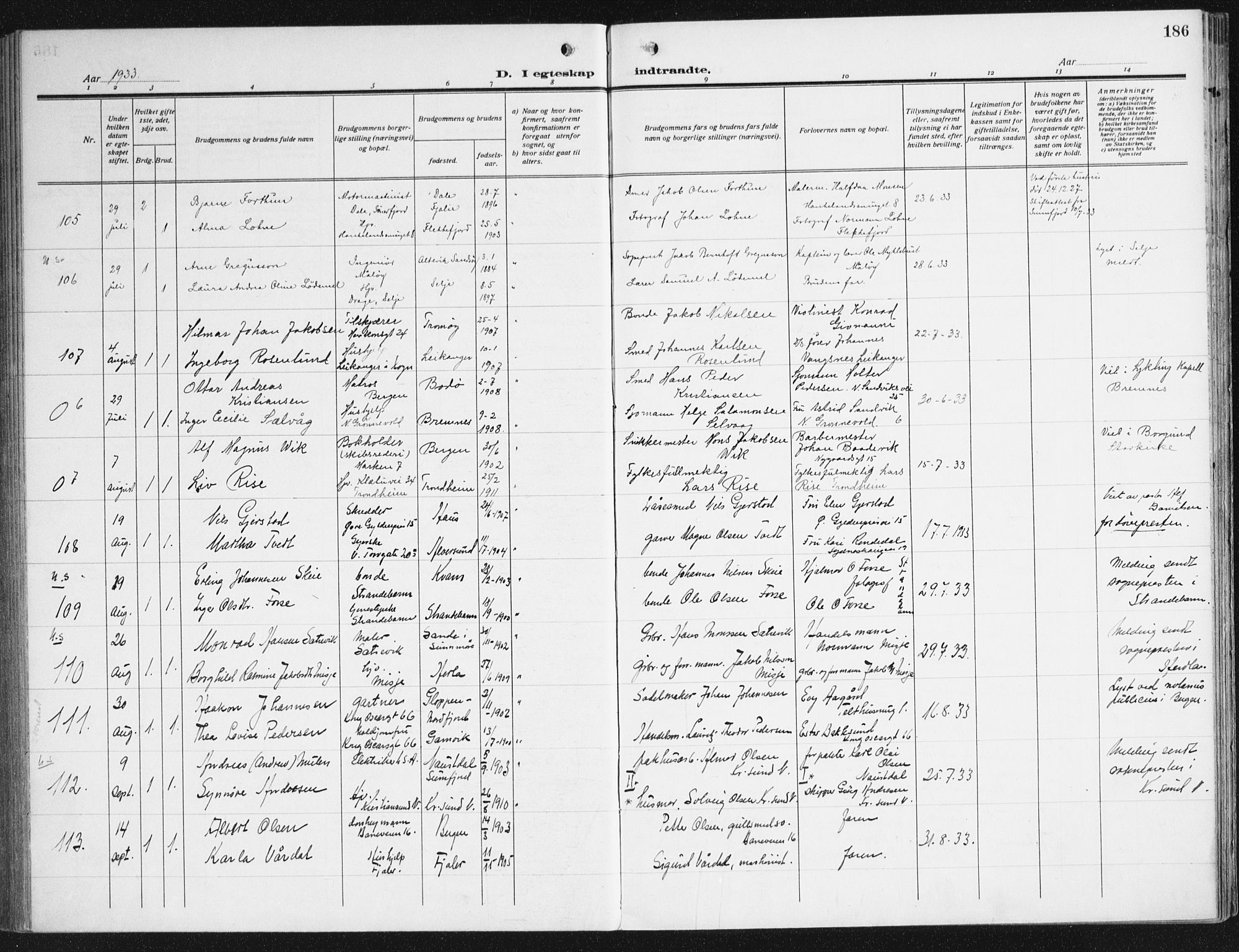 Domkirken sokneprestembete, AV/SAB-A-74801/H/Haa/L0039: Ministerialbok nr. D 6, 1921-1937, s. 186