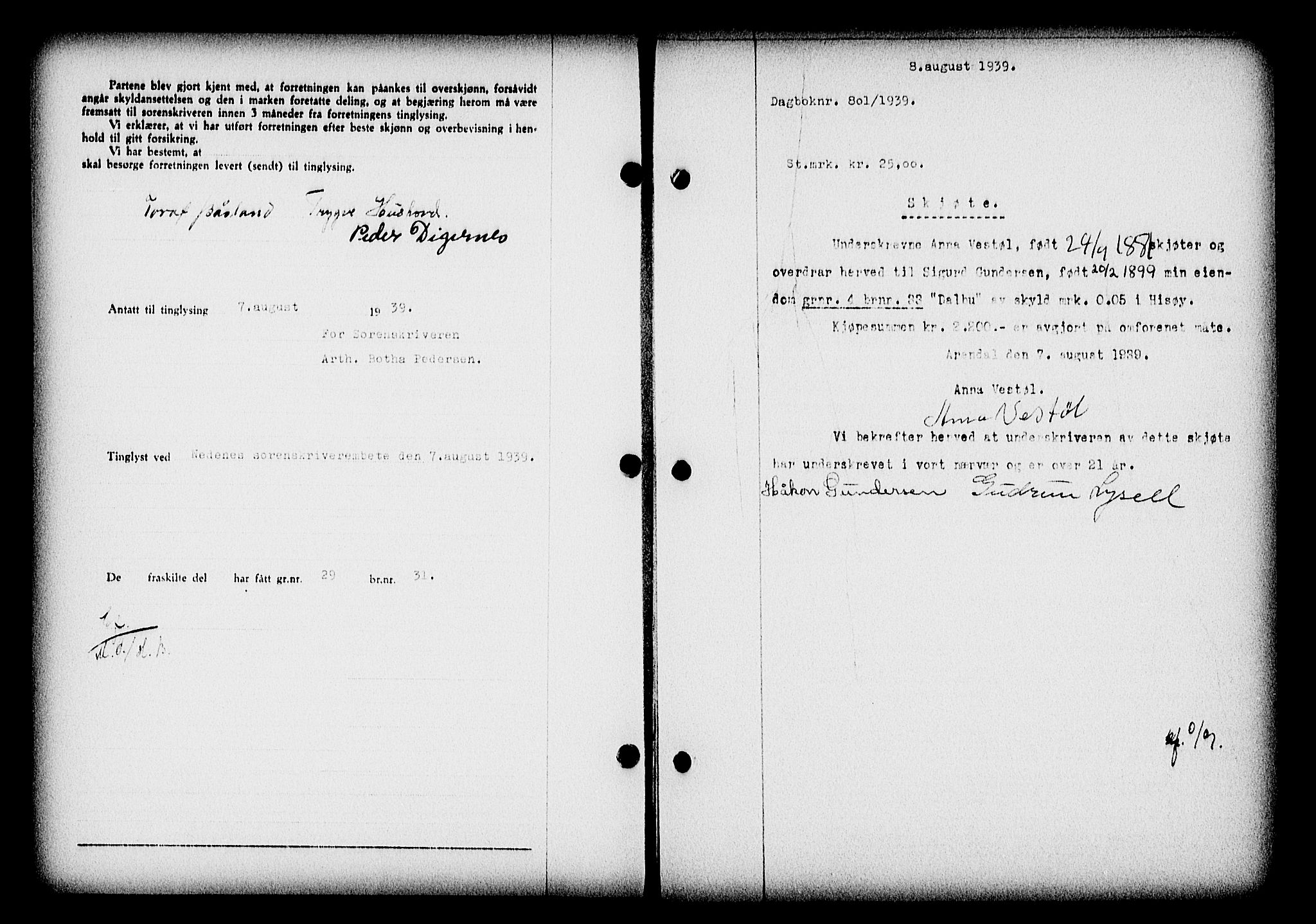 Nedenes sorenskriveri, AV/SAK-1221-0006/G/Gb/Gba/L0047: Pantebok nr. A-I, 1939-1940, Dagboknr: 801/1939