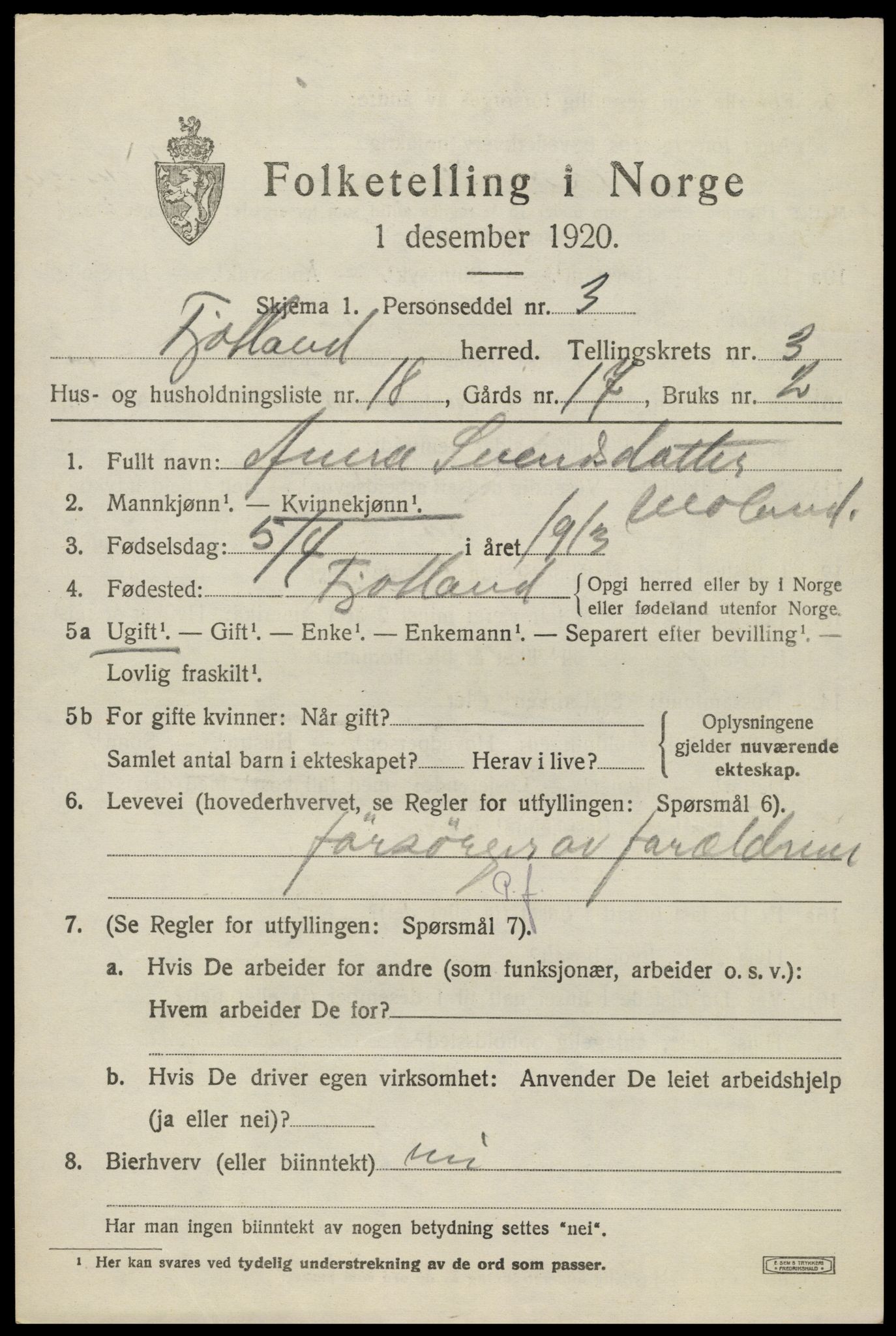 SAK, Folketelling 1920 for 1036 Fjotland herred, 1920, s. 1174
