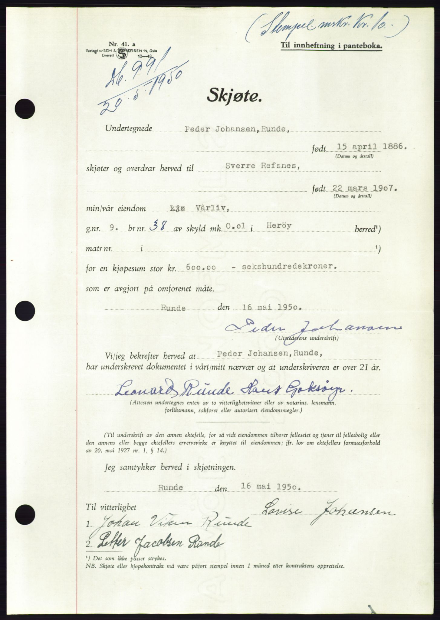 Søre Sunnmøre sorenskriveri, AV/SAT-A-4122/1/2/2C/L0087: Pantebok nr. 13A, 1950-1950, Dagboknr: 991/1950