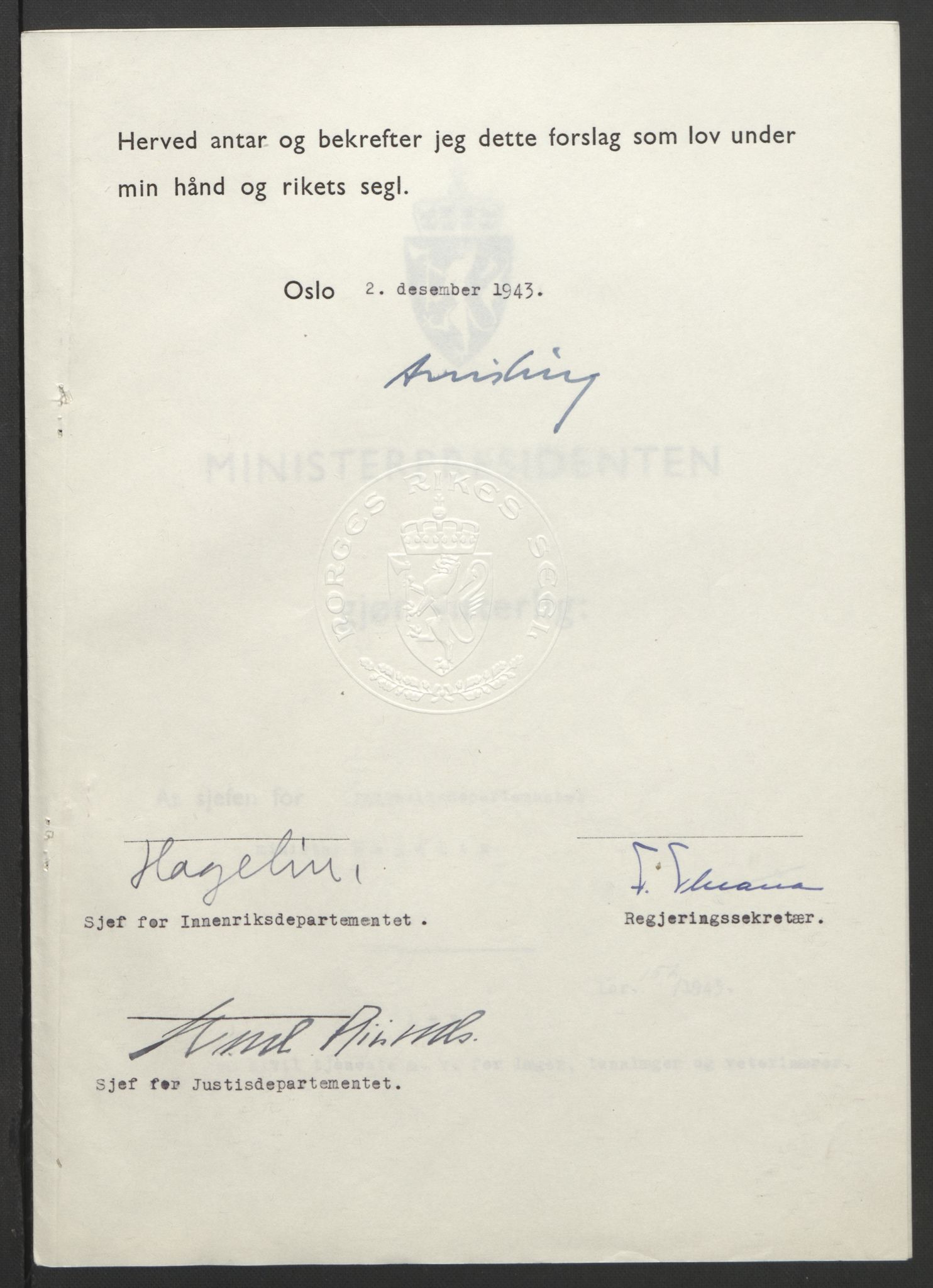 NS-administrasjonen 1940-1945 (Statsrådsekretariatet, de kommisariske statsråder mm), RA/S-4279/D/Db/L0099: Lover, 1943, s. 748
