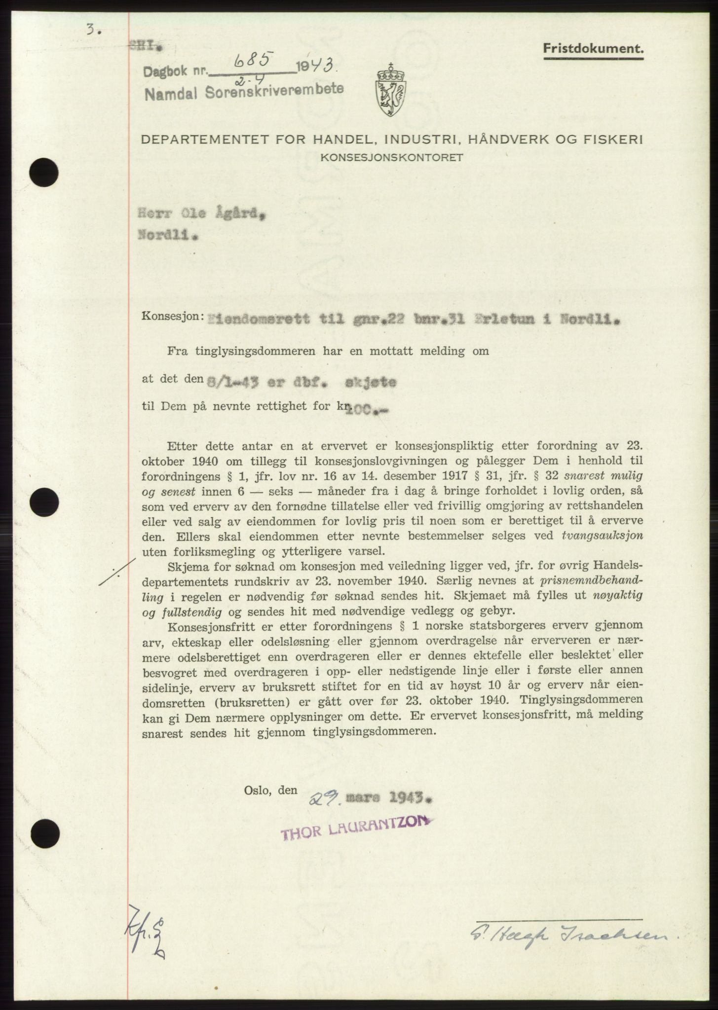 Namdal sorenskriveri, SAT/A-4133/1/2/2C: Pantebok nr. -, 1942-1943, Dagboknr: 685/1943