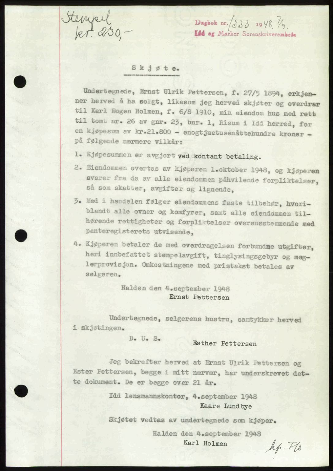 Idd og Marker sorenskriveri, SAO/A-10283/G/Gb/Gbb/L0011: Pantebok nr. A11, 1948-1949, Dagboknr: 1333/1948