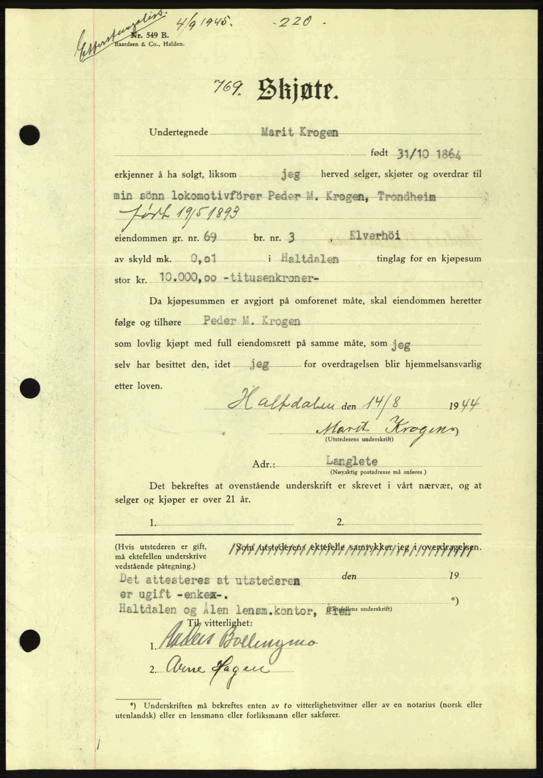 Gauldal sorenskriveri, SAT/A-0014/1/2/2C: Pantebok nr. A1a, 1945-1945, Dagboknr: 769/1945