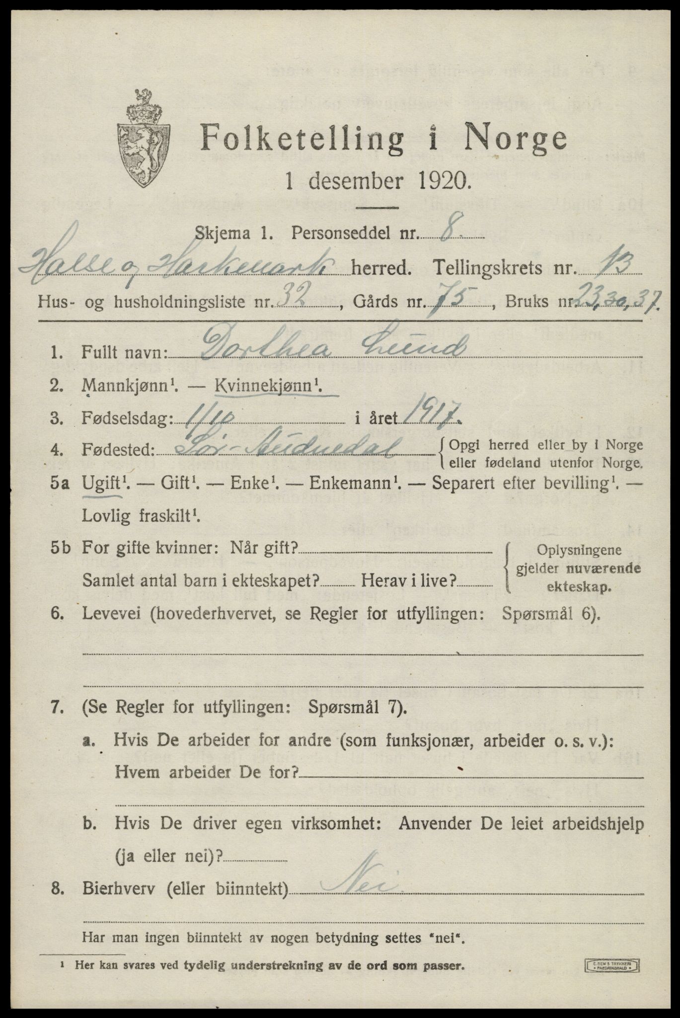 SAK, Folketelling 1920 for 1019 Halse og Harkmark herred, 1920, s. 7303