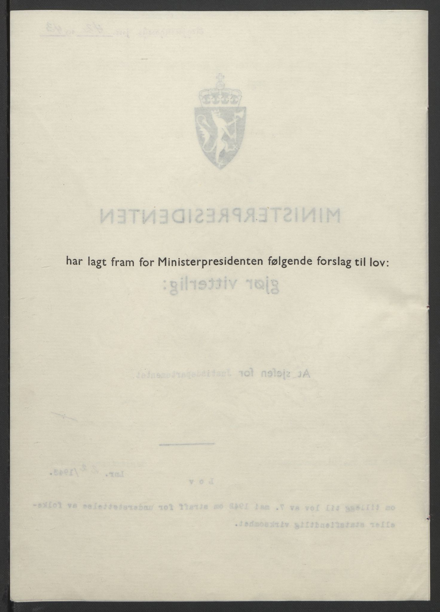 NS-administrasjonen 1940-1945 (Statsrådsekretariatet, de kommisariske statsråder mm), RA/S-4279/D/Db/L0099: Lover, 1943, s. 90