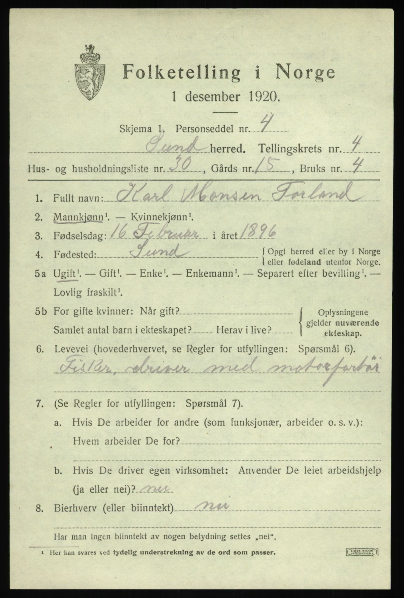 SAB, Folketelling 1920 for 1245 Sund herred, 1920, s. 2879