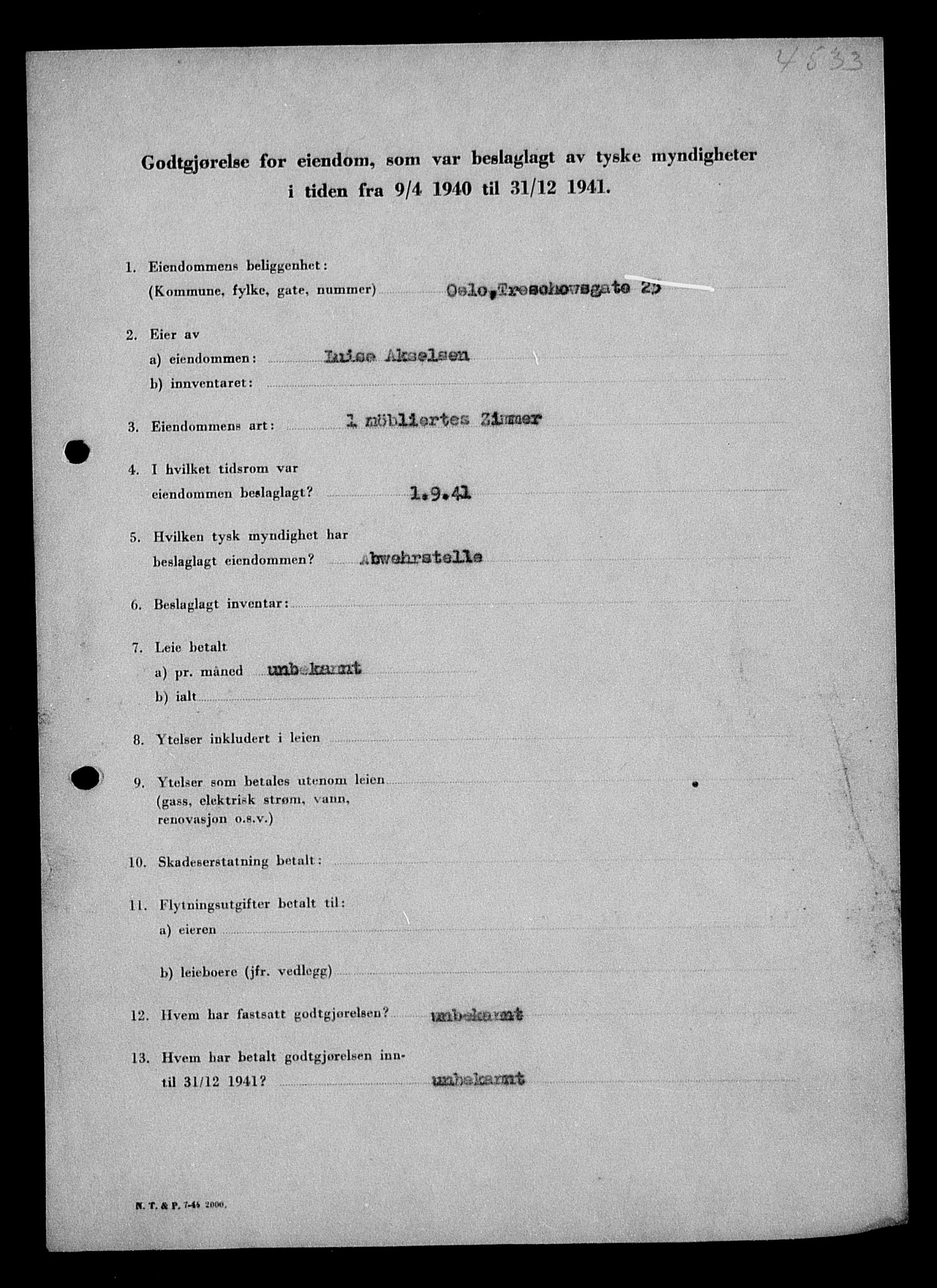 Justisdepartementet, Tilbakeføringskontoret for inndratte formuer, AV/RA-S-1564/I/L1010: Godtgjørelse for beslaglagt eiendom, 1940-1941, s. 308