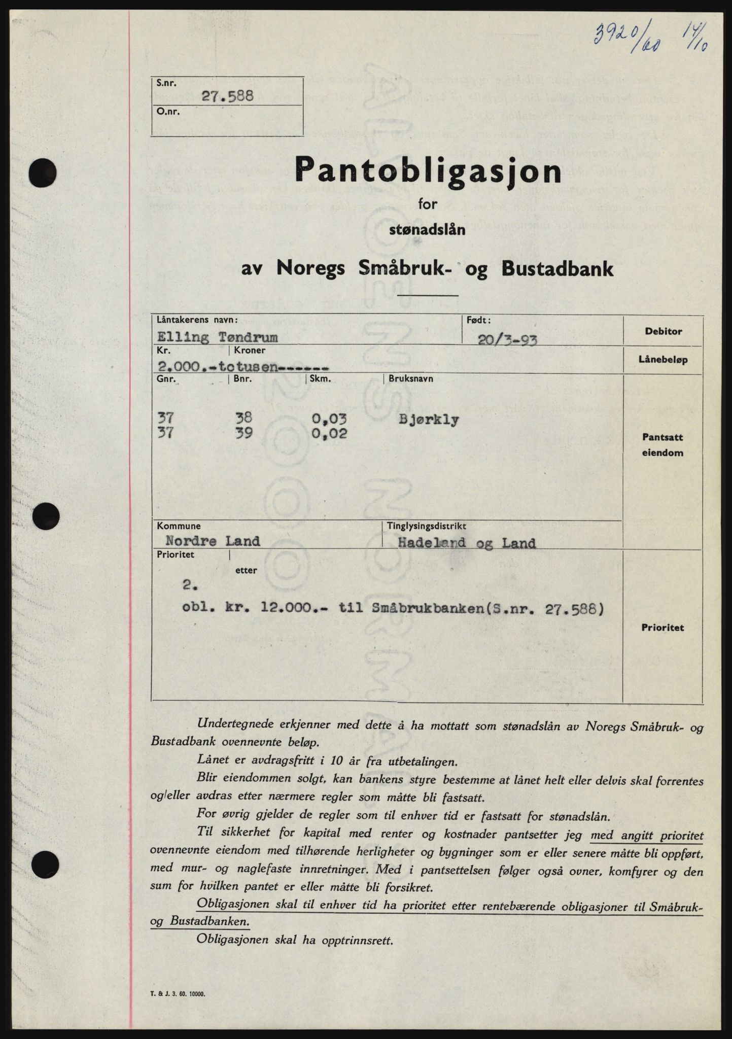 Hadeland og Land tingrett, SAH/TING-010/H/Hb/Hbc/L0044: Pantebok nr. B44, 1960-1961, Dagboknr: 3920/1960