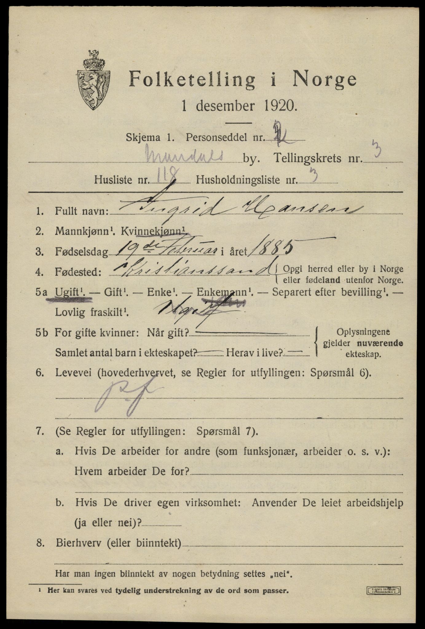 SAK, Folketelling 1920 for 1002 Mandal ladested, 1920, s. 6813