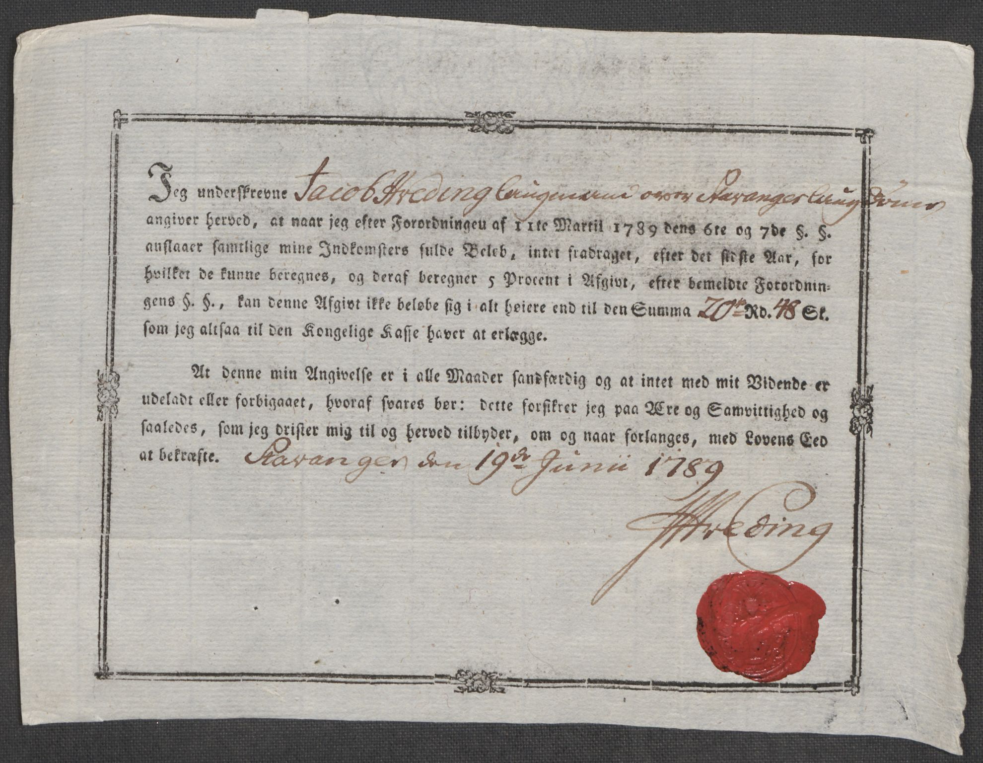 Rentekammeret inntil 1814, Reviderte regnskaper, Mindre regnskaper, AV/RA-EA-4068/Rf/Rfe/L0045: Stavanger, Stjørdal og Verdal fogderi, 1789, s. 90