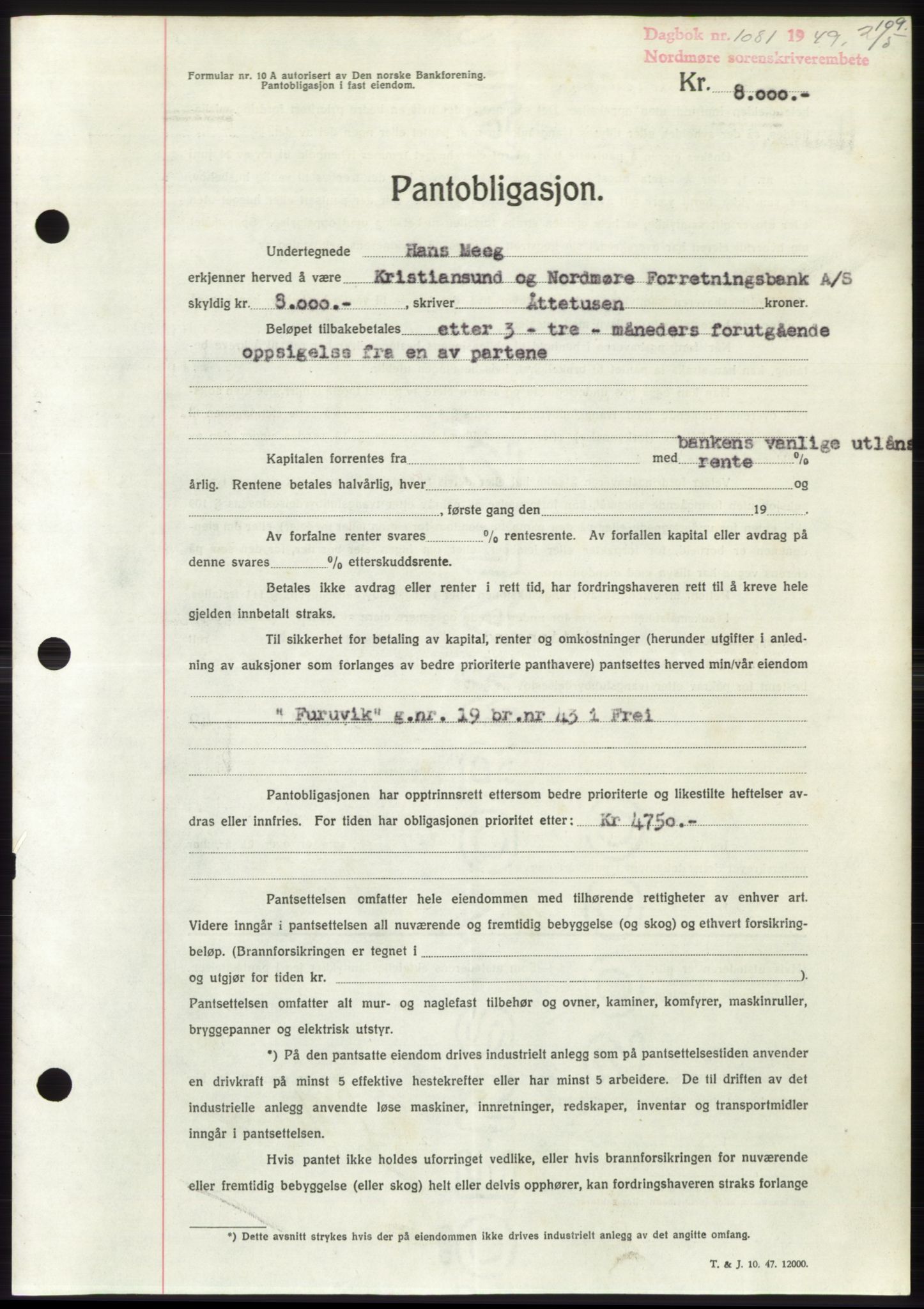 Nordmøre sorenskriveri, SAT/A-4132/1/2/2Ca: Pantebok nr. B101, 1949-1949, Dagboknr: 1081/1949