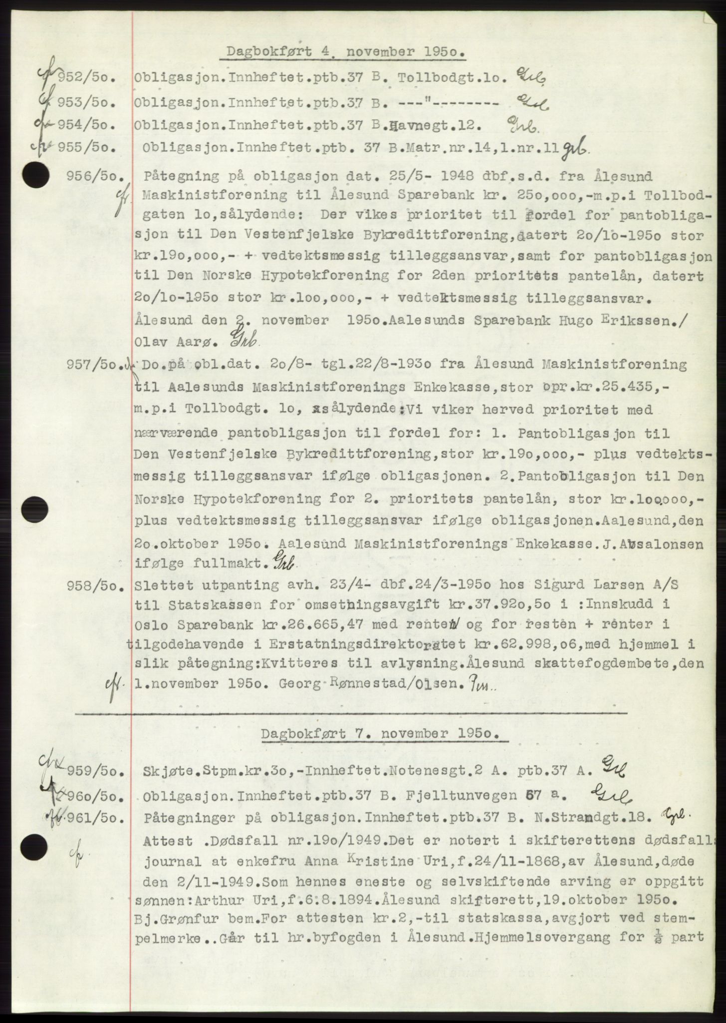 Ålesund byfogd, AV/SAT-A-4384: Pantebok nr. C37, 1950-1951, Dagboknr: 952/1950