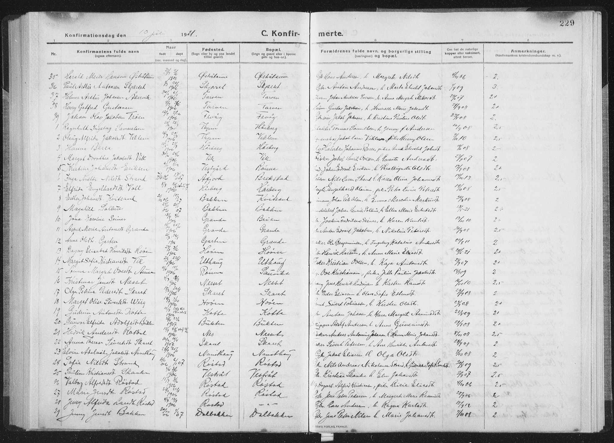 Ministerialprotokoller, klokkerbøker og fødselsregistre - Sør-Trøndelag, SAT/A-1456/659/L0747: Klokkerbok nr. 659C04, 1913-1938, s. 229