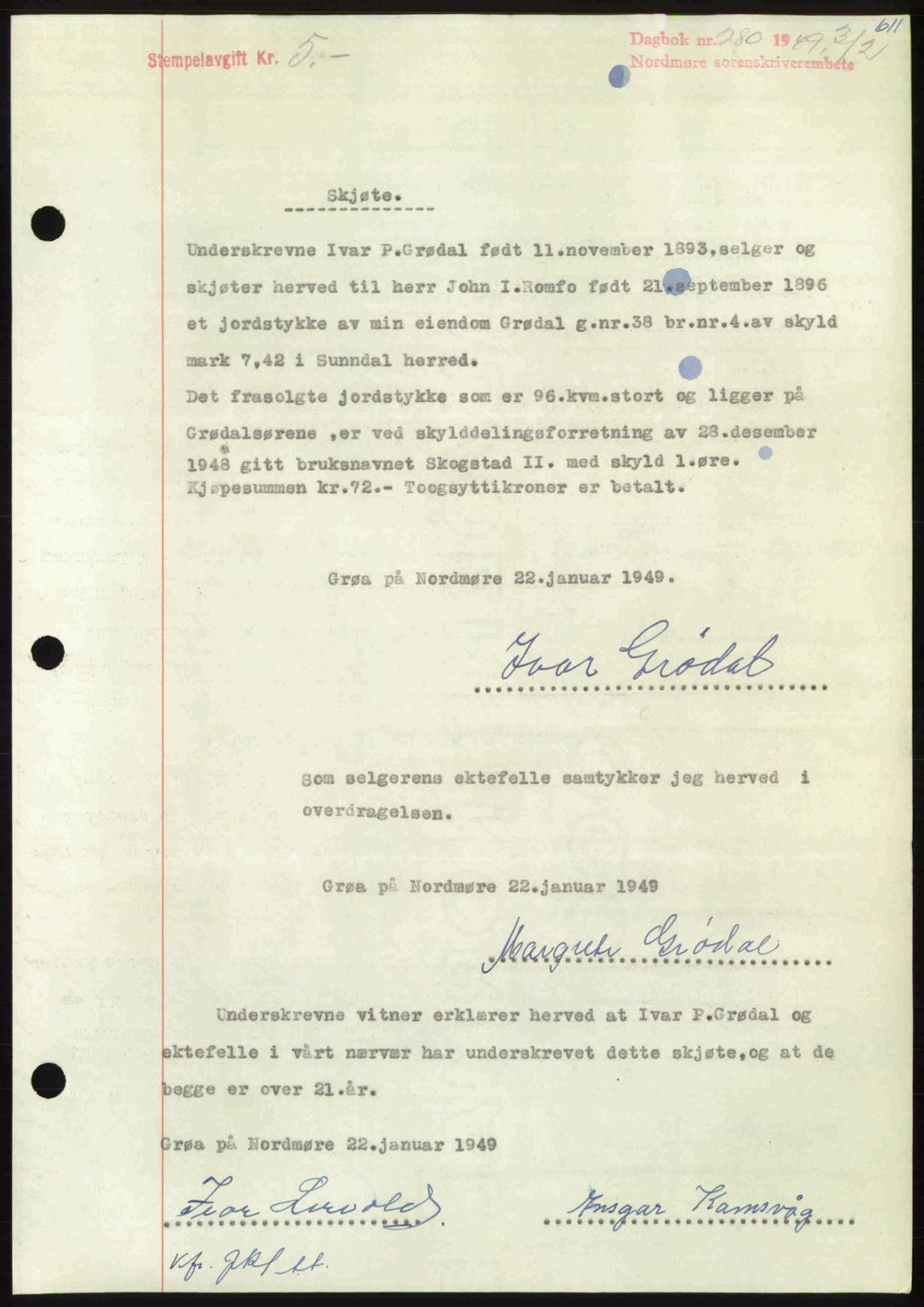 Nordmøre sorenskriveri, SAT/A-4132/1/2/2Ca: Pantebok nr. A110, 1948-1949, Dagboknr: 280/1949