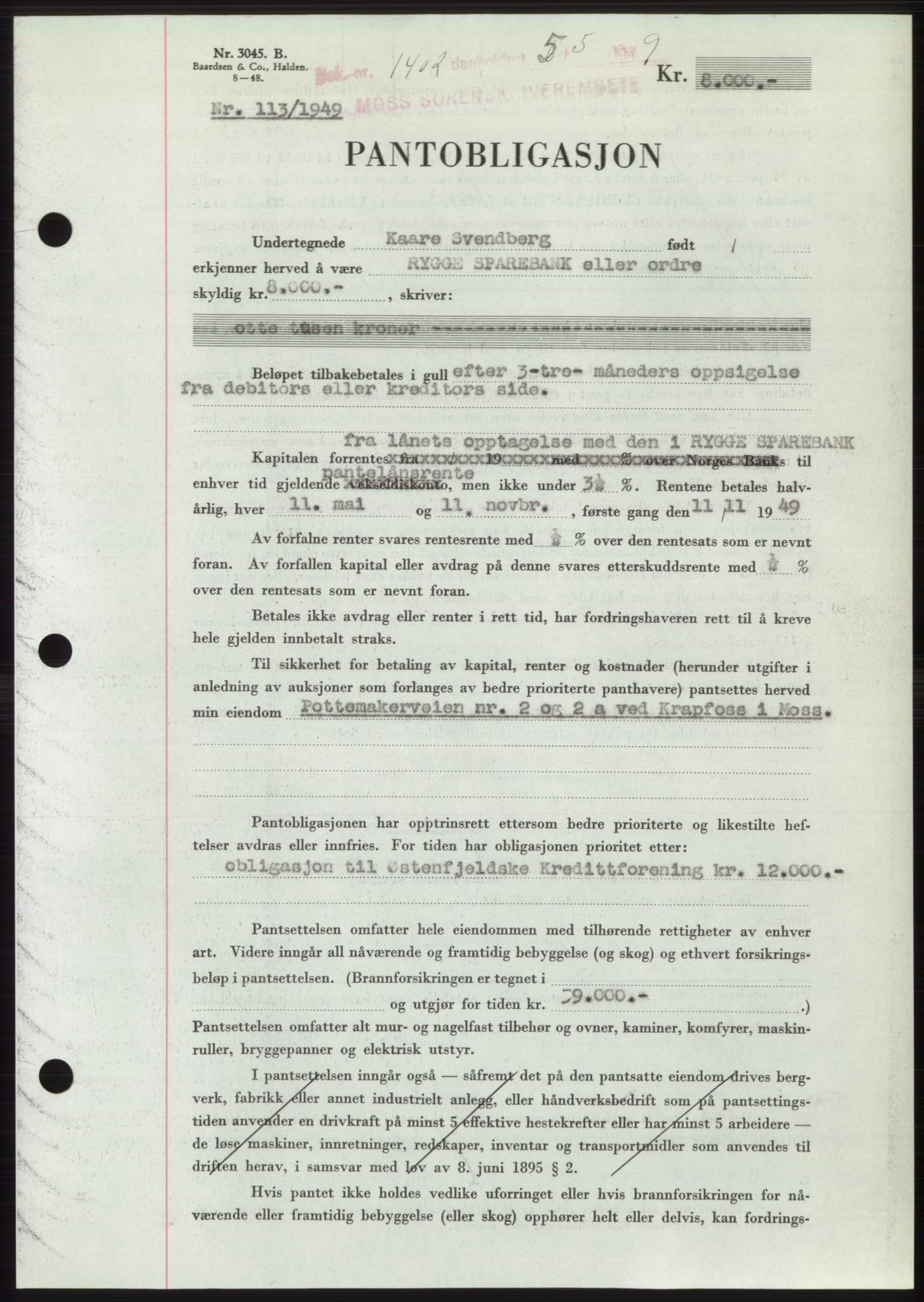 Moss sorenskriveri, SAO/A-10168: Pantebok nr. B21, 1949-1949, Dagboknr: 1402/1949