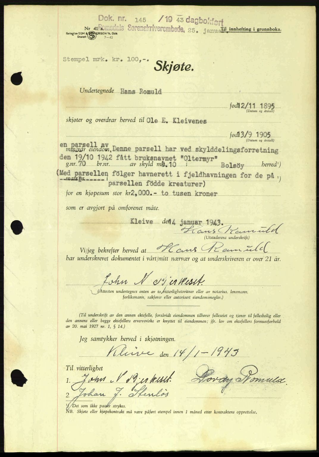 Romsdal sorenskriveri, SAT/A-4149/1/2/2C: Pantebok nr. A13, 1942-1943, Dagboknr: 145/1943