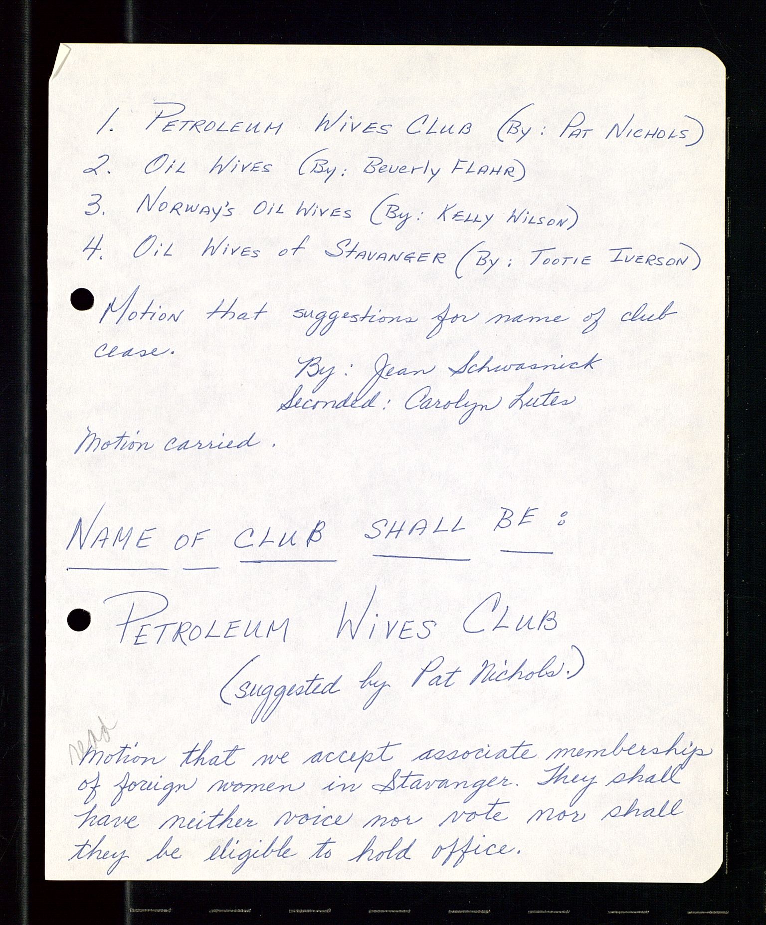 PA 1547 - Petroleum Wives Club, AV/SAST-A-101974/A/Aa/L0001: Board and General Meeting, 1970-1983