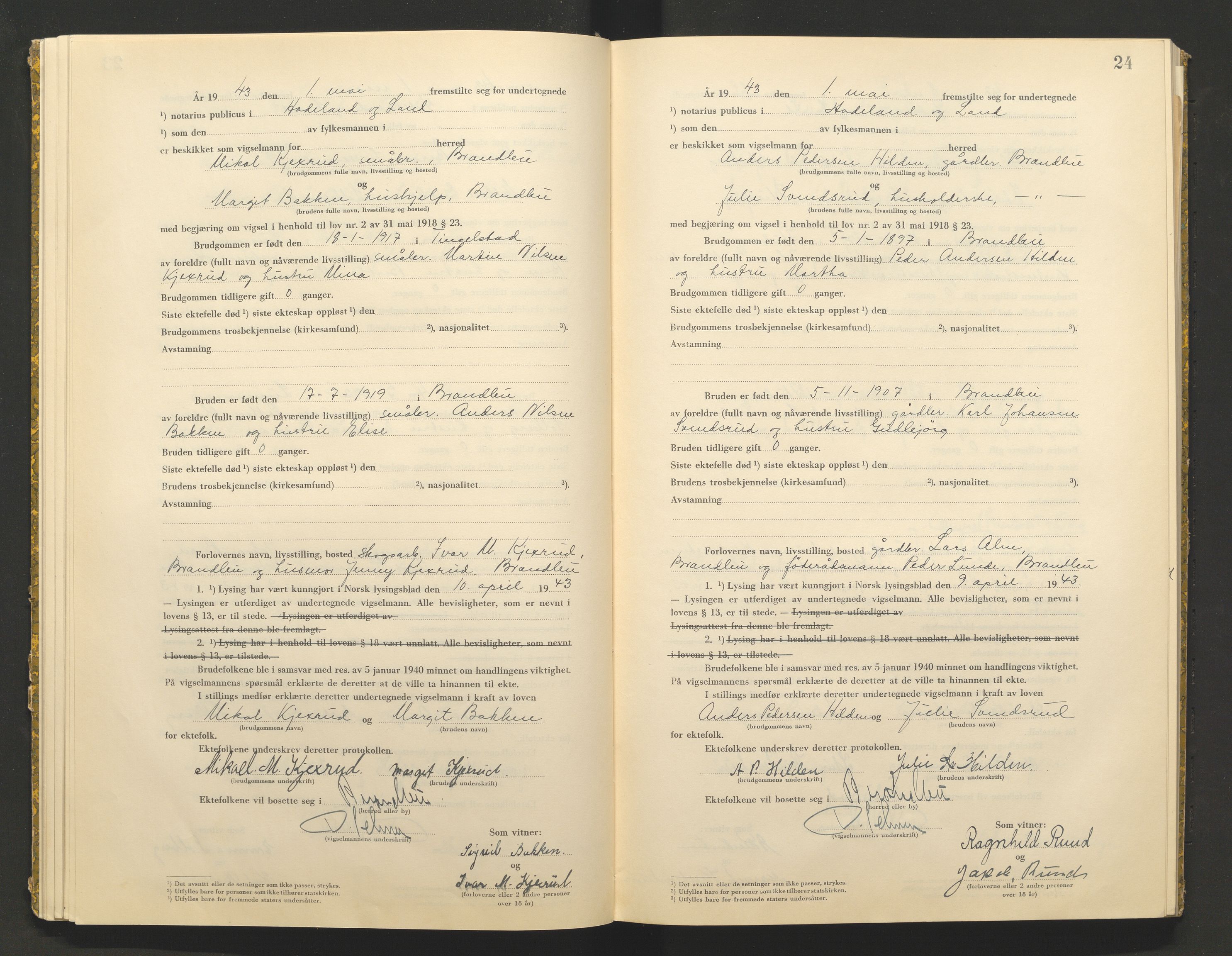 Hadeland og Land tingrett, AV/SAH-TING-010/L/Lb/L0002: Vigselbok, 1943-1944, s. 24