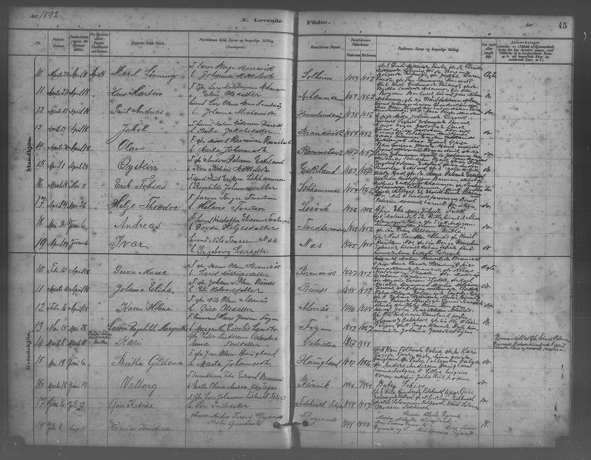 Stord sokneprestembete, AV/SAB-A-78201/H/Hab: Klokkerbok nr. A 2, 1879-1909, s. 45