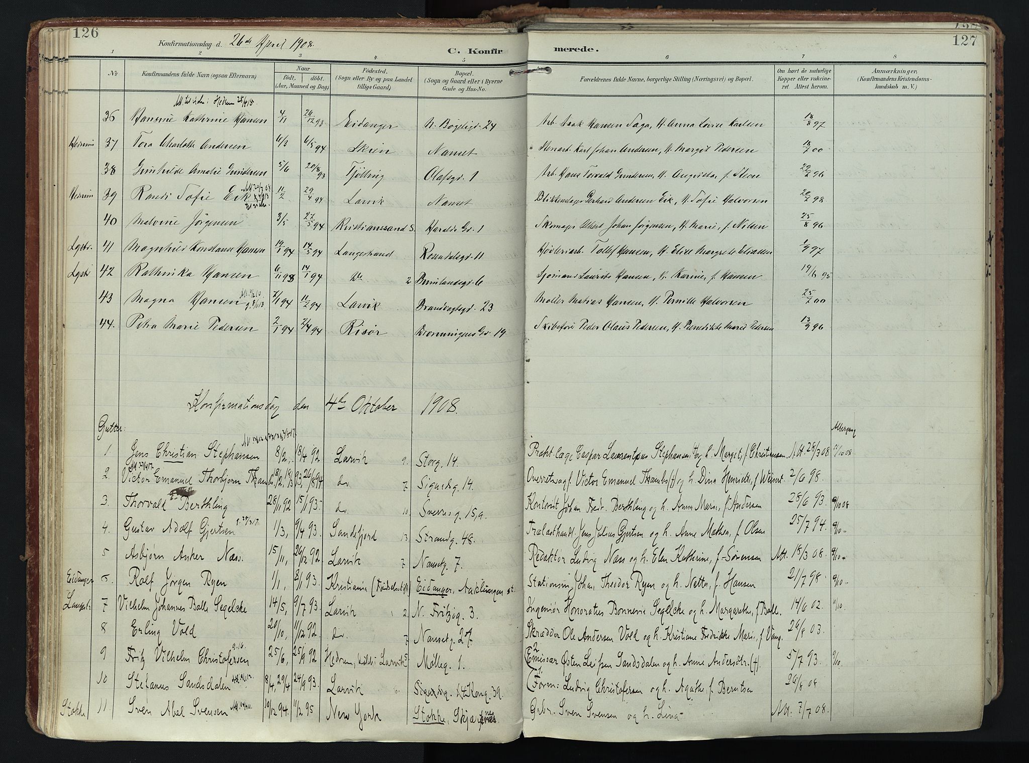 Larvik kirkebøker, AV/SAKO-A-352/F/Fa/L0011: Ministerialbok nr. I 11, 1902-1922, s. 126-127