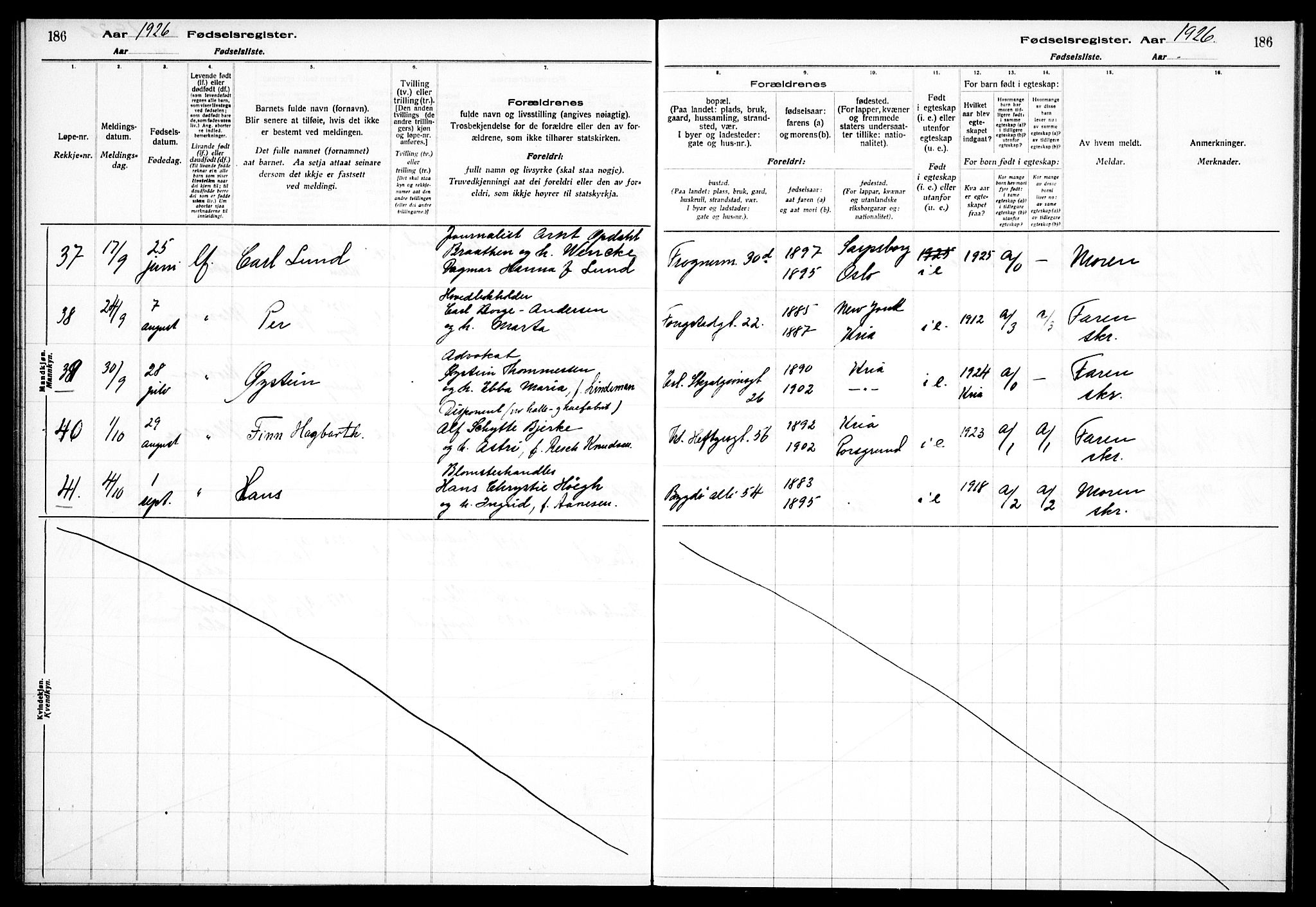 Frogner prestekontor Kirkebøker, SAO/A-10886/J/Ja/L0001: Fødselsregister nr. 1, 1916-1927, s. 186