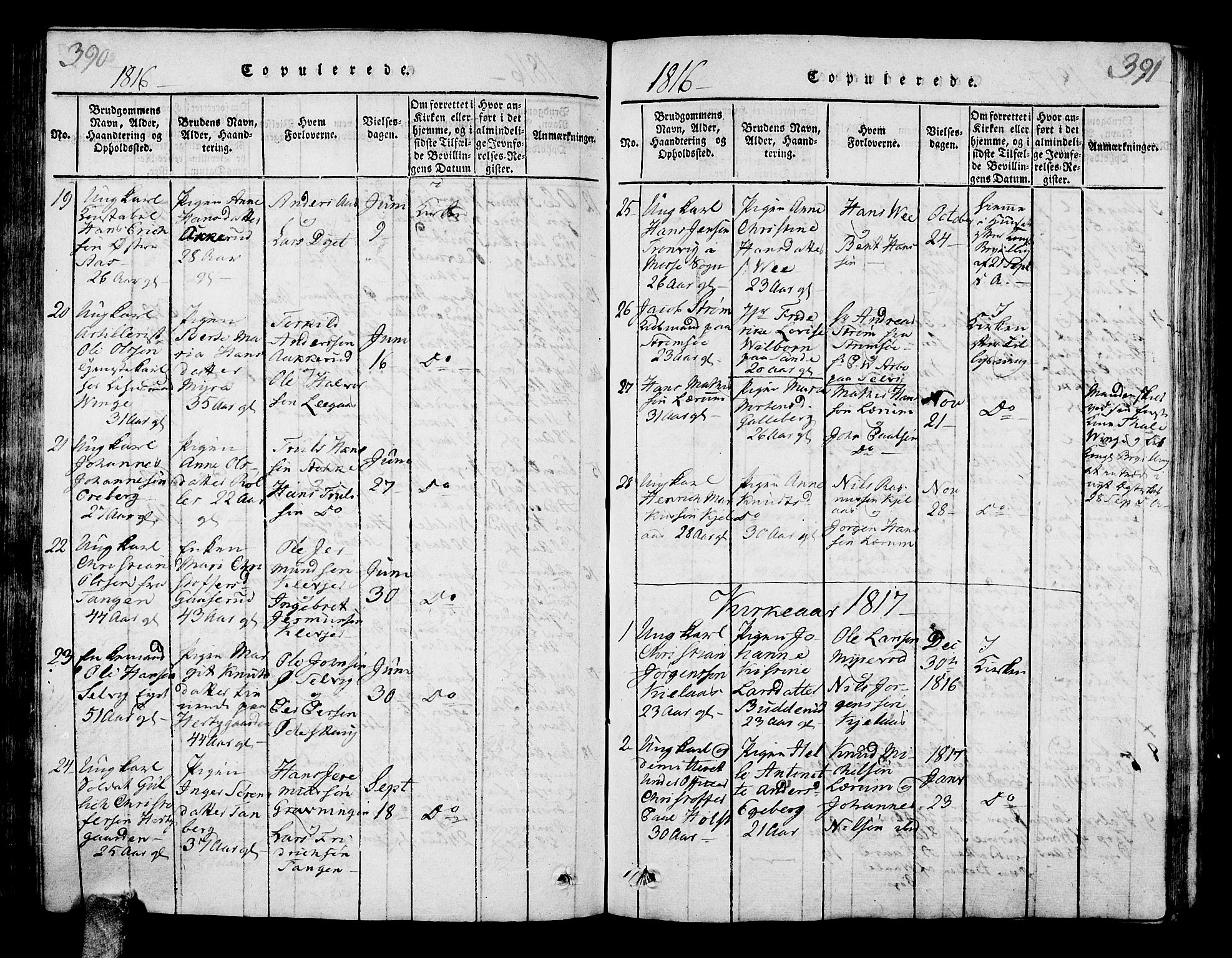 Sande Kirkebøker, AV/SAKO-A-53/G/Ga/L0001: Klokkerbok nr. 1, 1814-1847, s. 390-391