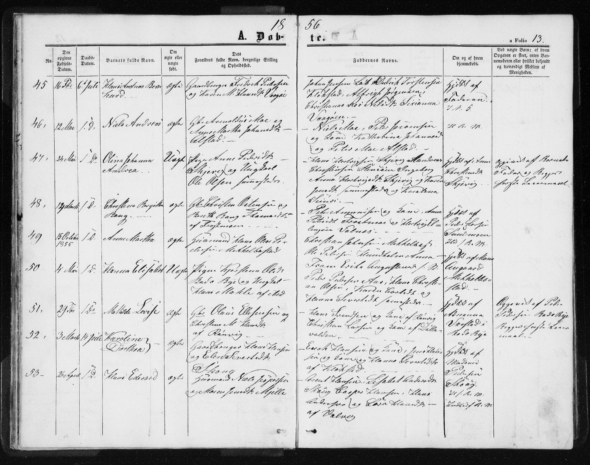 Ministerialprotokoller, klokkerbøker og fødselsregistre - Nordland, AV/SAT-A-1459/801/L0028: Klokkerbok nr. 801C03, 1855-1867, s. 13