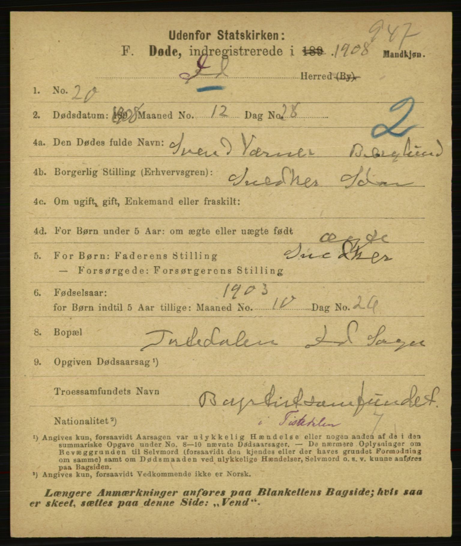 Statistisk sentralbyrå, Sosiodemografiske emner, Befolkning, AV/RA-S-2228/E/L0006: Fødte, gifte, døde dissentere., 1908, s. 2277