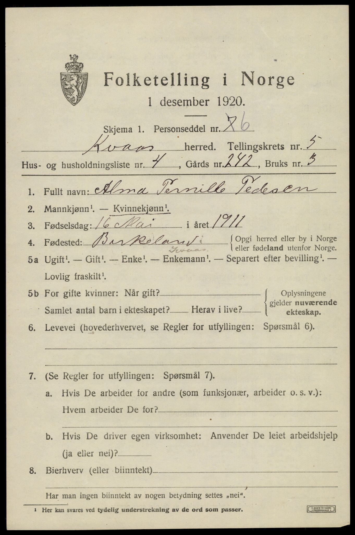 SAK, Folketelling 1920 for 1033 Kvås herred, 1920, s. 1322