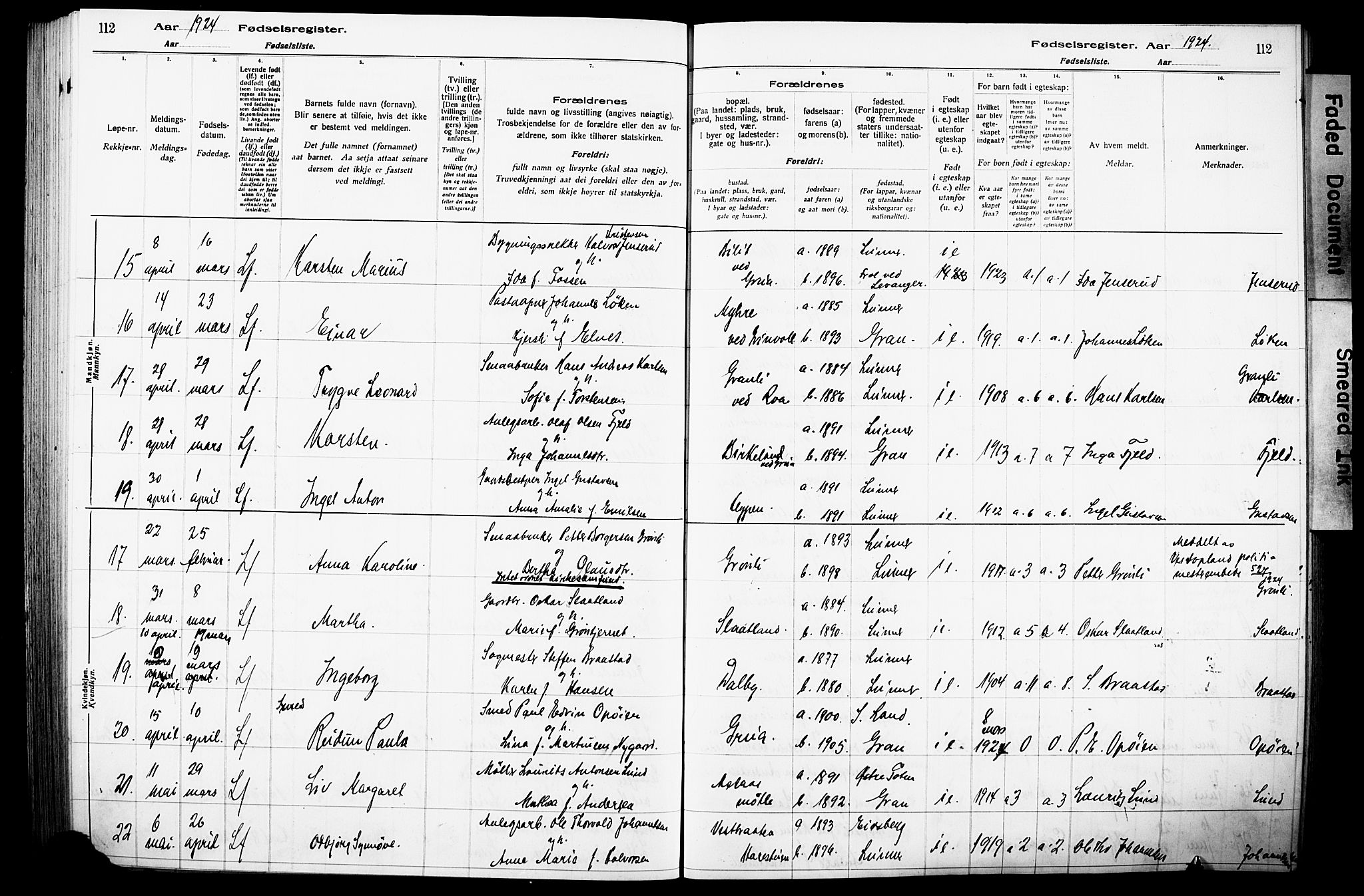 Lunner prestekontor, SAH/PREST-118/I/Id/L0001: Fødselsregister nr. 1, 1916-1932, s. 112