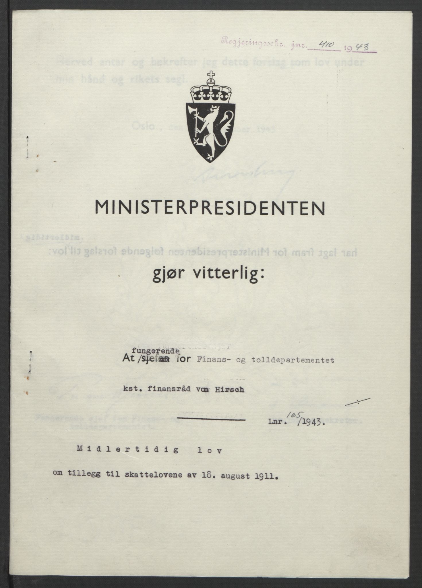 NS-administrasjonen 1940-1945 (Statsrådsekretariatet, de kommisariske statsråder mm), AV/RA-S-4279/D/Db/L0099: Lover, 1943, s. 779