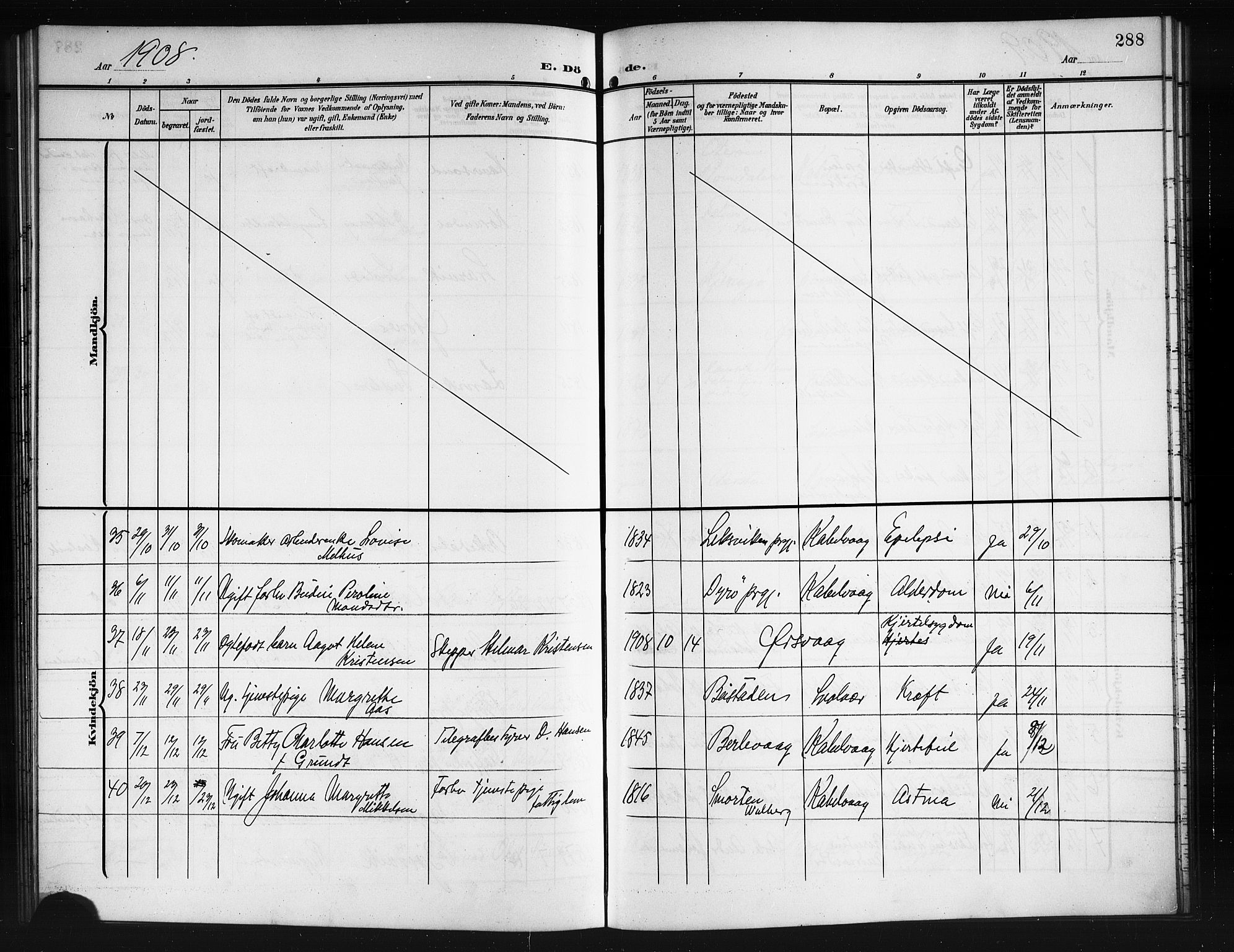 Ministerialprotokoller, klokkerbøker og fødselsregistre - Nordland, AV/SAT-A-1459/874/L1079: Klokkerbok nr. 874C08, 1907-1915, s. 288