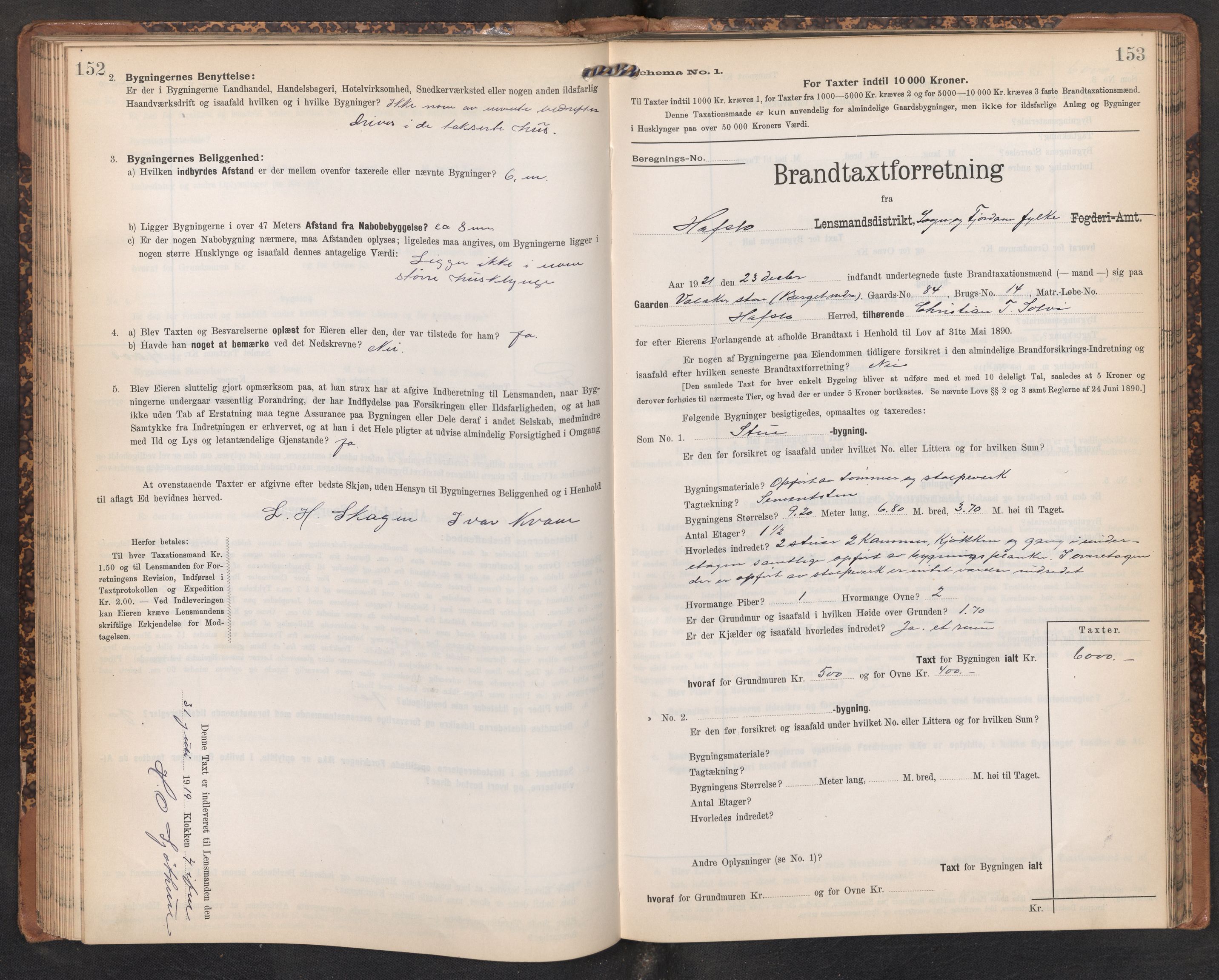 Lensmannen i Hafslo, SAB/A-28001/0012/L0007: Branntakstprotokoll, skjematakst, 1905-1922, s. 152-153