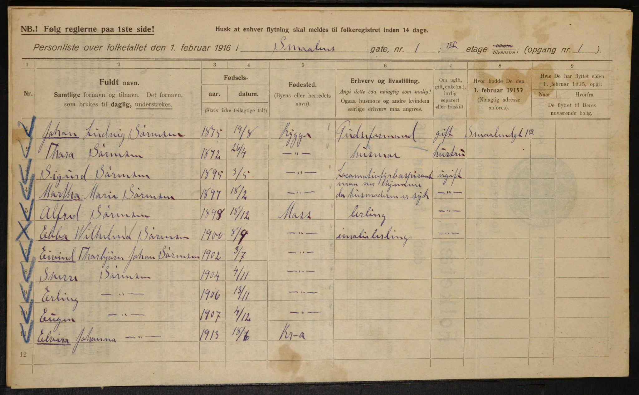 OBA, Kommunal folketelling 1.2.1916 for Kristiania, 1916, s. 100170