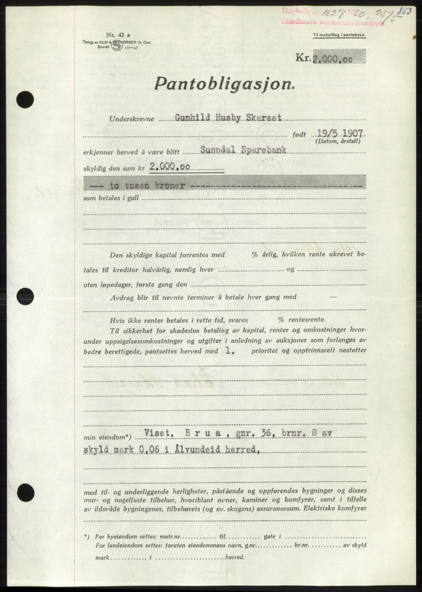 Nordmøre sorenskriveri, SAT/A-4132/1/2/2Ca: Pantebok nr. B104, 1950-1950, Dagboknr: 1627/1950