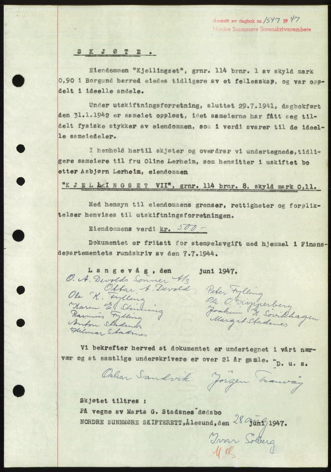 Nordre Sunnmøre sorenskriveri, AV/SAT-A-0006/1/2/2C/2Ca: Pantebok nr. A25, 1947-1947, Dagboknr: 1547/1947