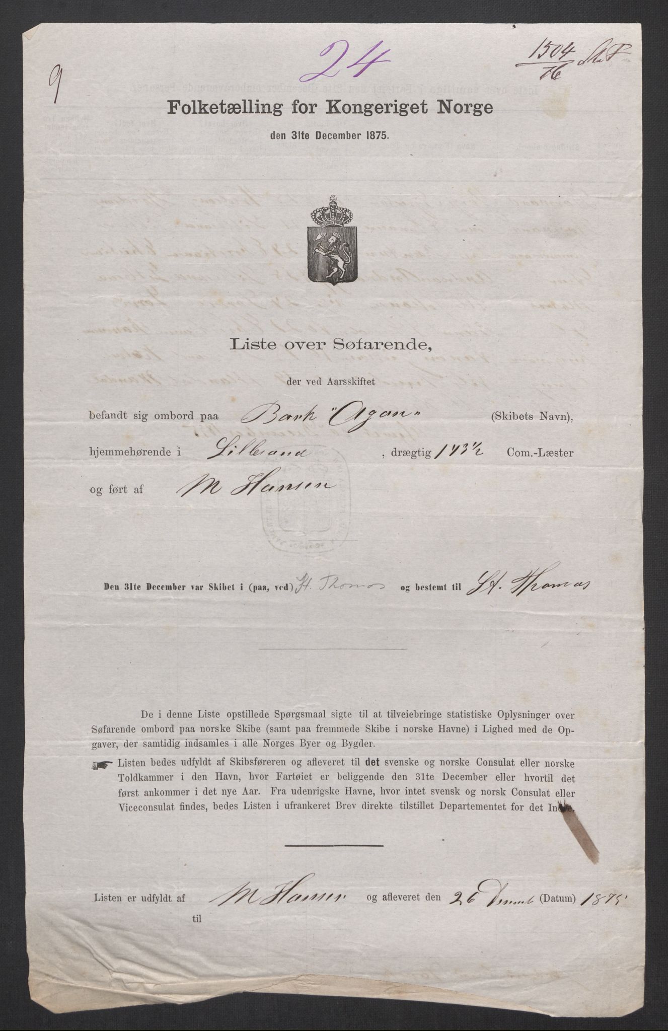 RA, Folketelling 1875, skipslister: Skip i utenrikske havner, hjemmehørende i 1) byer og ladesteder, Grimstad - Tromsø, 2) landdistrikter, 1875, s. 233