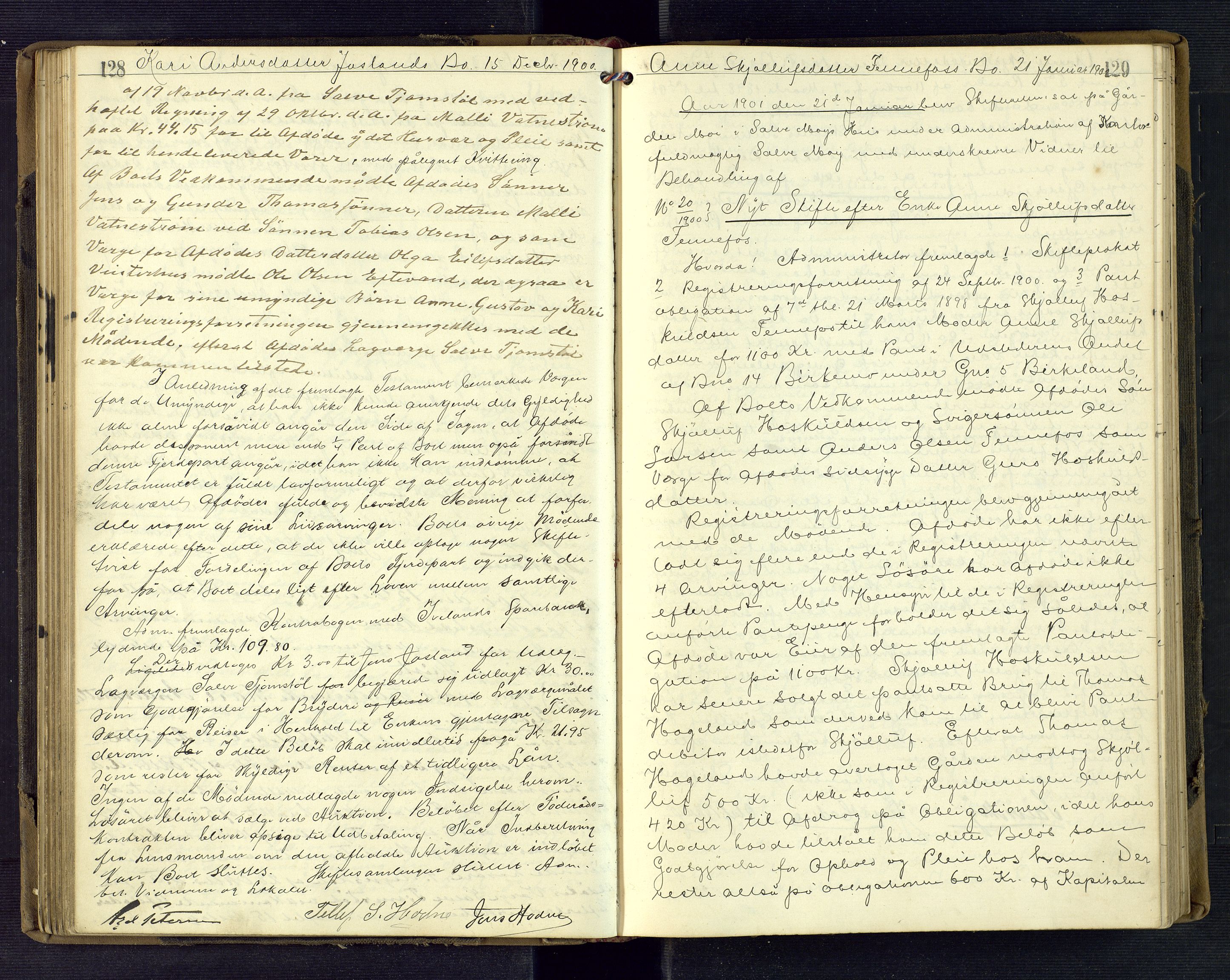 Setesdal sorenskriveri, AV/SAK-1221-0011/H/Hc/L0037: Skifteforhandlingsprotokoll nr 9, 1898-1905, s. 128-129