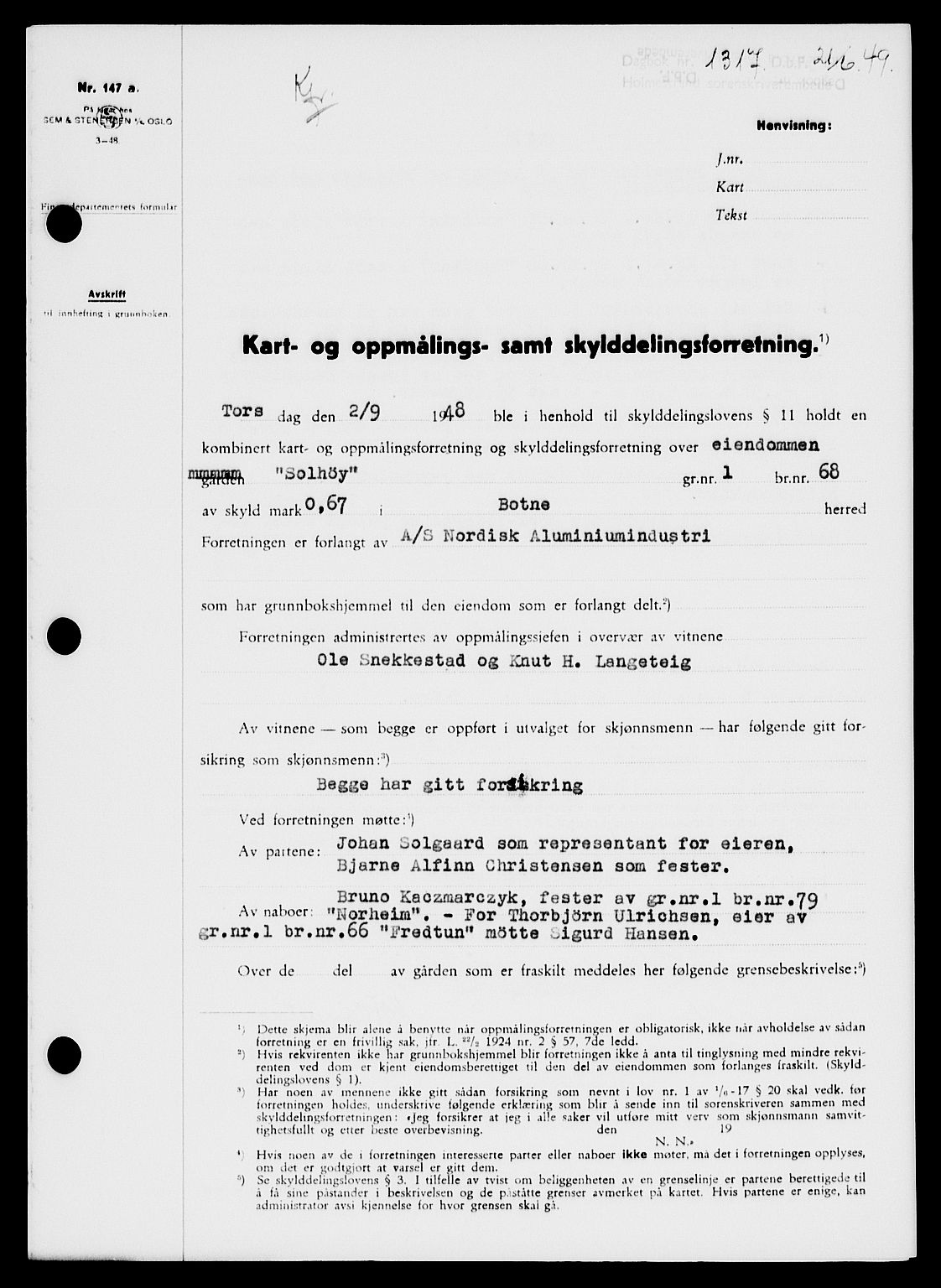 Holmestrand sorenskriveri, SAKO/A-67/G/Ga/Gaa/L0066: Pantebok nr. A-66, 1949-1949, Dagboknr: 1317/1949
