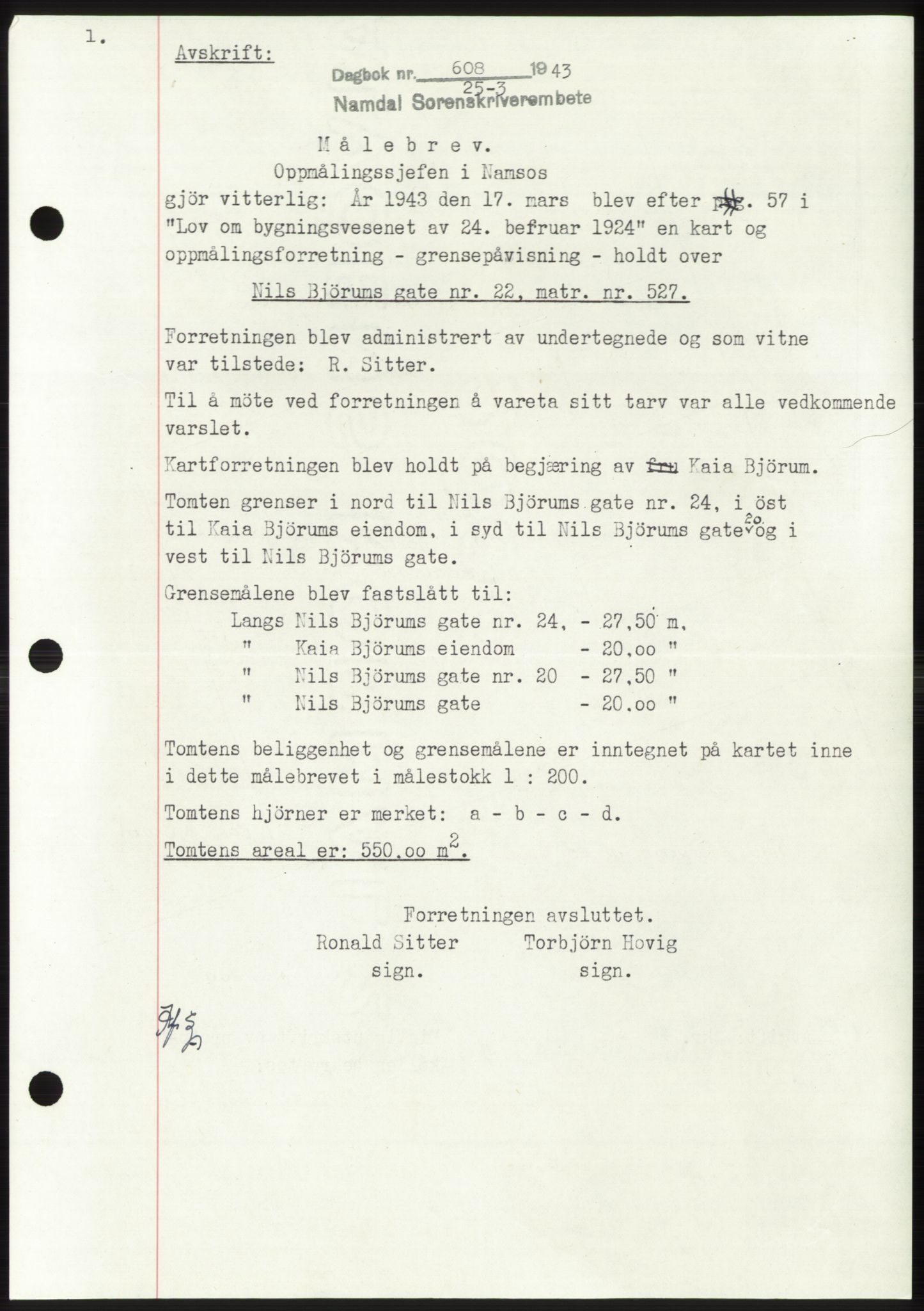 Namdal sorenskriveri, SAT/A-4133/1/2/2C: Pantebok nr. -, 1942-1943, Dagboknr: 608/1943