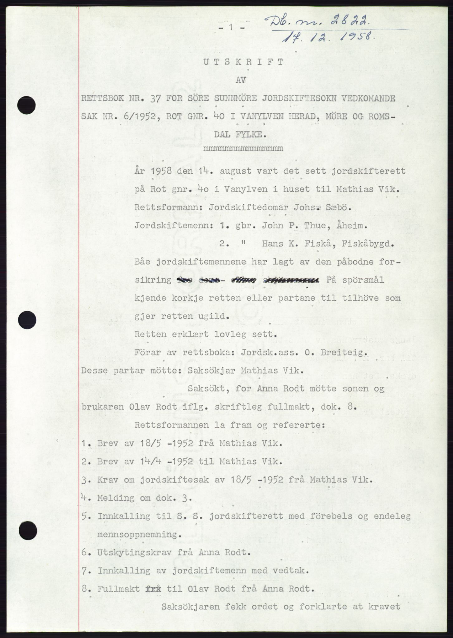 Søre Sunnmøre sorenskriveri, SAT/A-4122/1/2/2C/L0111: Pantebok nr. 37A, 1958-1959, Dagboknr: 2822/1958