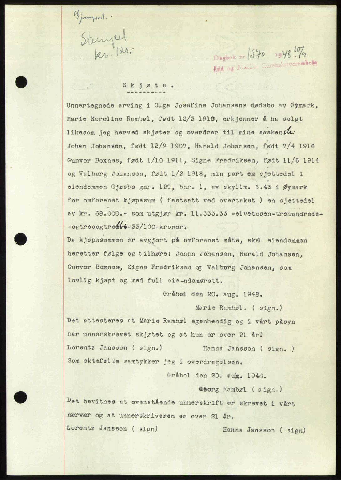 Idd og Marker sorenskriveri, SAO/A-10283/G/Gb/Gbb/L0011: Pantebok nr. A11, 1948-1949, Dagboknr: 1370/1948