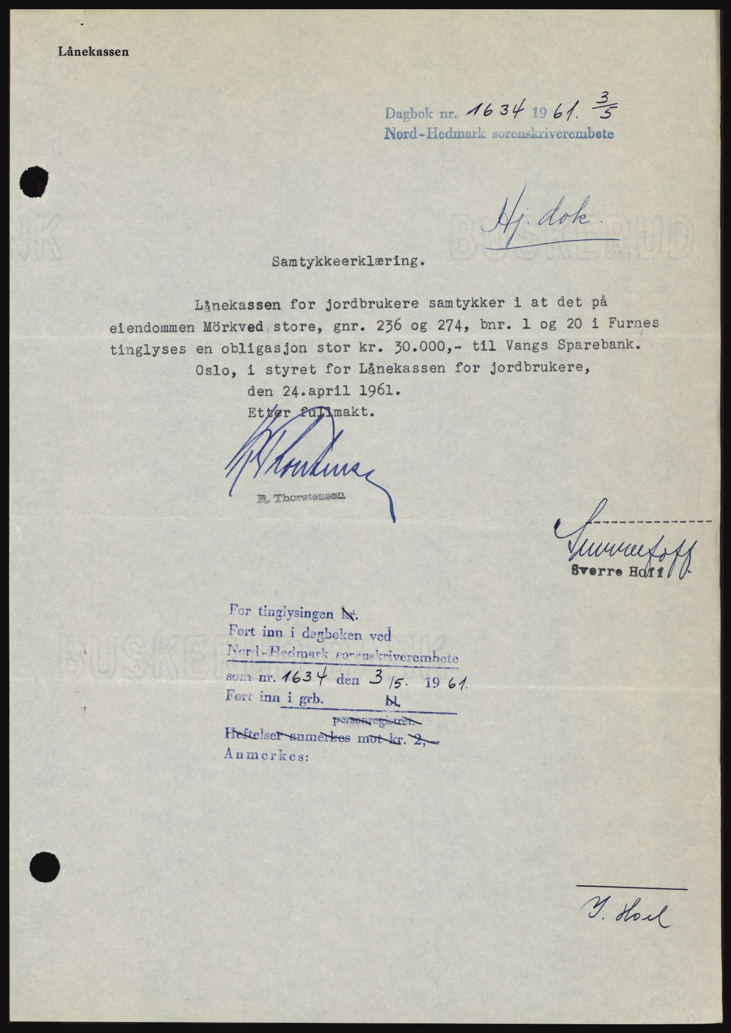 Nord-Hedmark sorenskriveri, SAH/TING-012/H/Hc/L0015: Pantebok nr. 15, 1961-1961, Dagboknr: 1634/1961