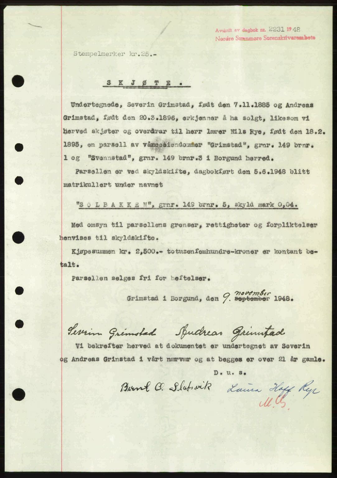 Nordre Sunnmøre sorenskriveri, AV/SAT-A-0006/1/2/2C/2Ca: Pantebok nr. A29, 1948-1949, Dagboknr: 2231/1948