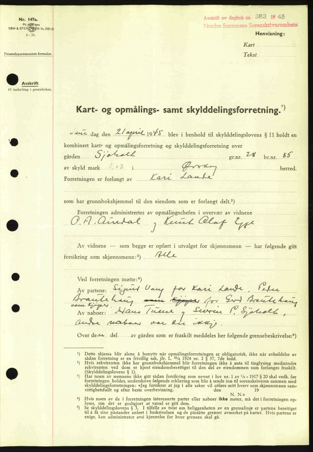 Nordre Sunnmøre sorenskriveri, SAT/A-0006/1/2/2C/2Ca: Pantebok nr. A19, 1944-1945, Dagboknr: 383/1945
