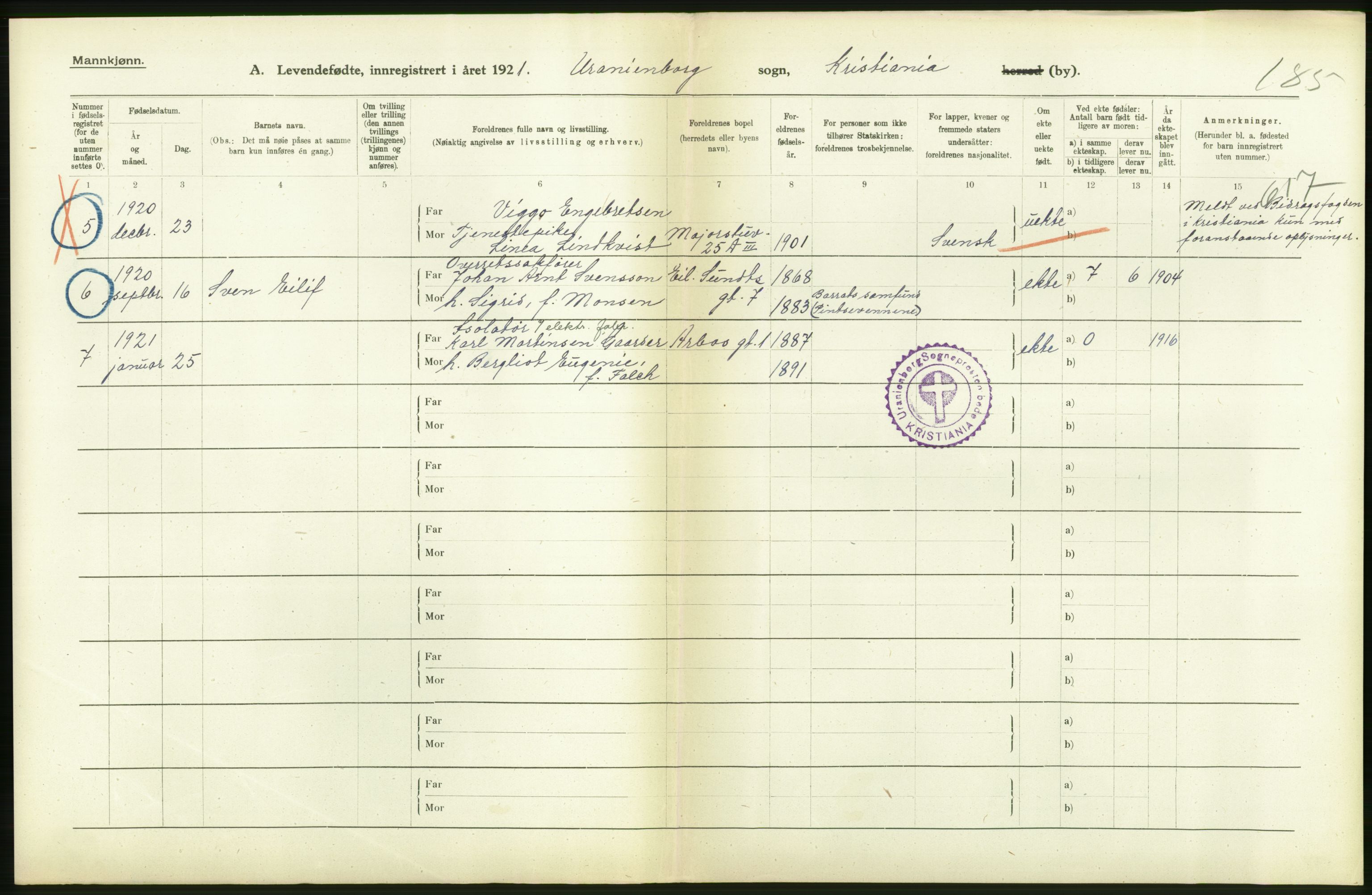 Statistisk sentralbyrå, Sosiodemografiske emner, Befolkning, AV/RA-S-2228/D/Df/Dfc/Dfca/L0010: Kristiania: Levendefødte menn og kvinner., 1921, s. 102